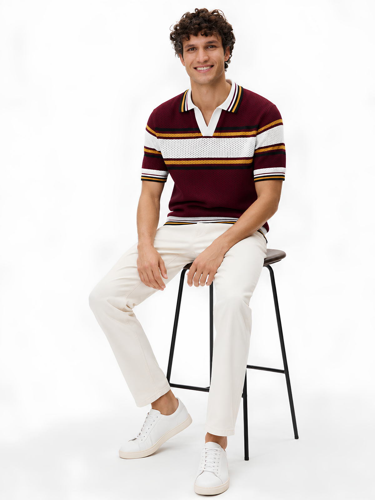 Merlot Retro Stripe Knit Polo - Burgundy by Cord Cult - styled view