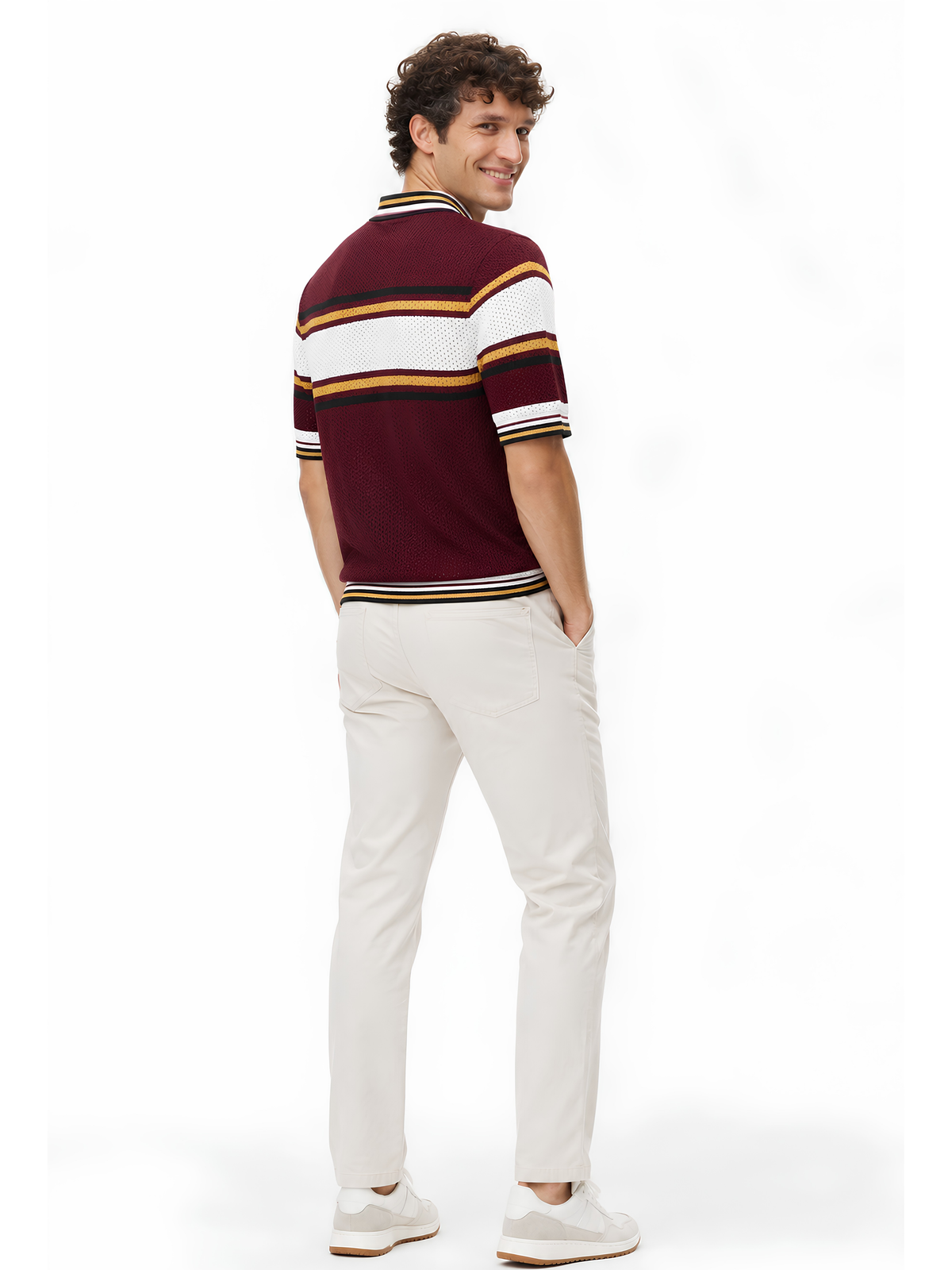 Merlot Retro Stripe Knit Polo - Burgundy by Cord Cult - side view