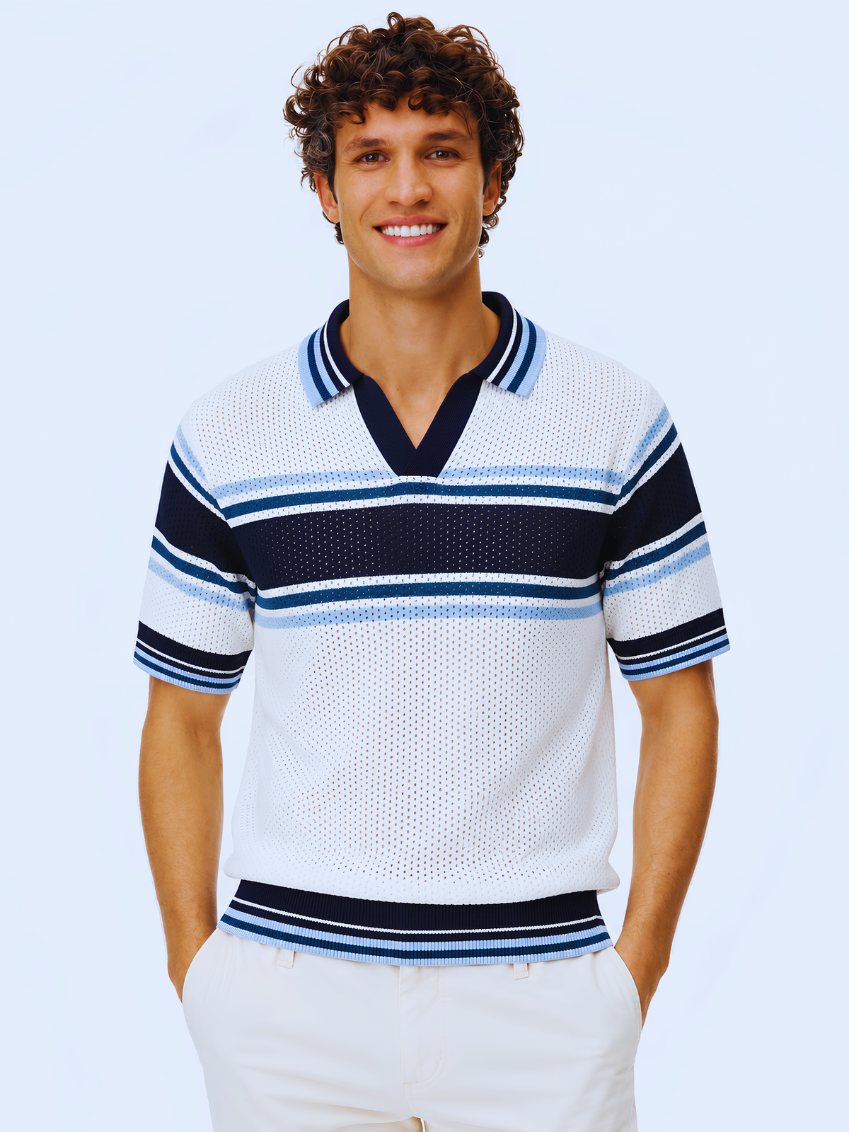 Mariner Retro Stripe Knit Polo - White & Navy Blue by Cord Cult - on-model view