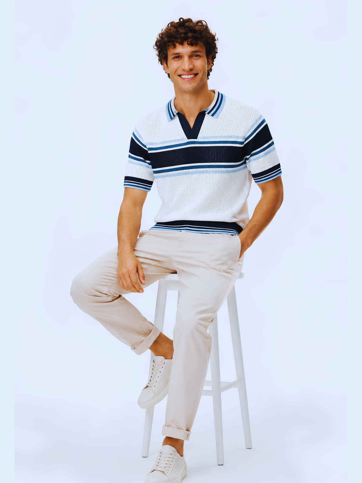 Mariner Retro Stripe Knit Polo - White & Navy Blue by Cord Cult - styled view