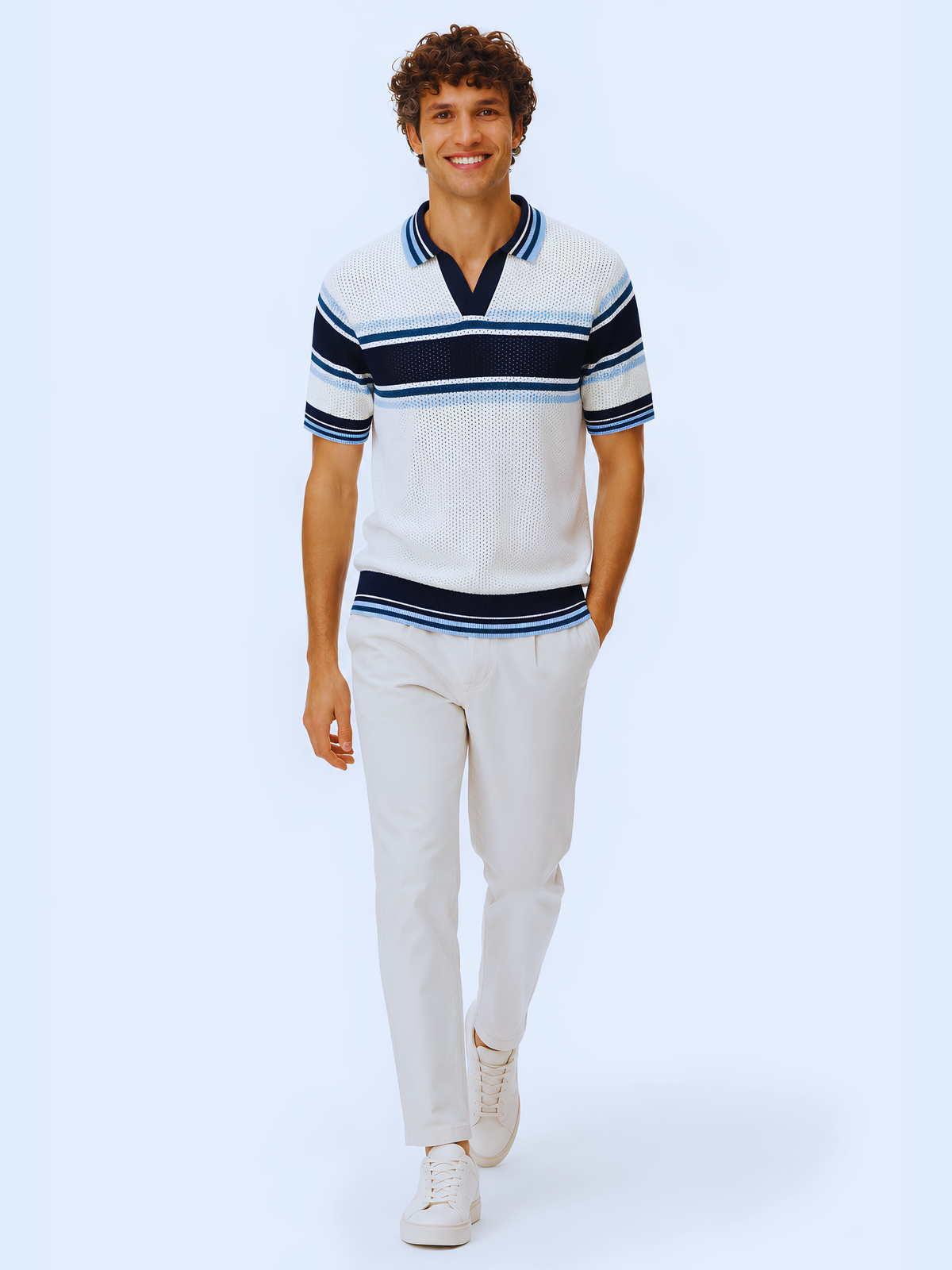 Mariner Retro Stripe Knit Polo - White & Navy Blue by Cord Cult - side view
