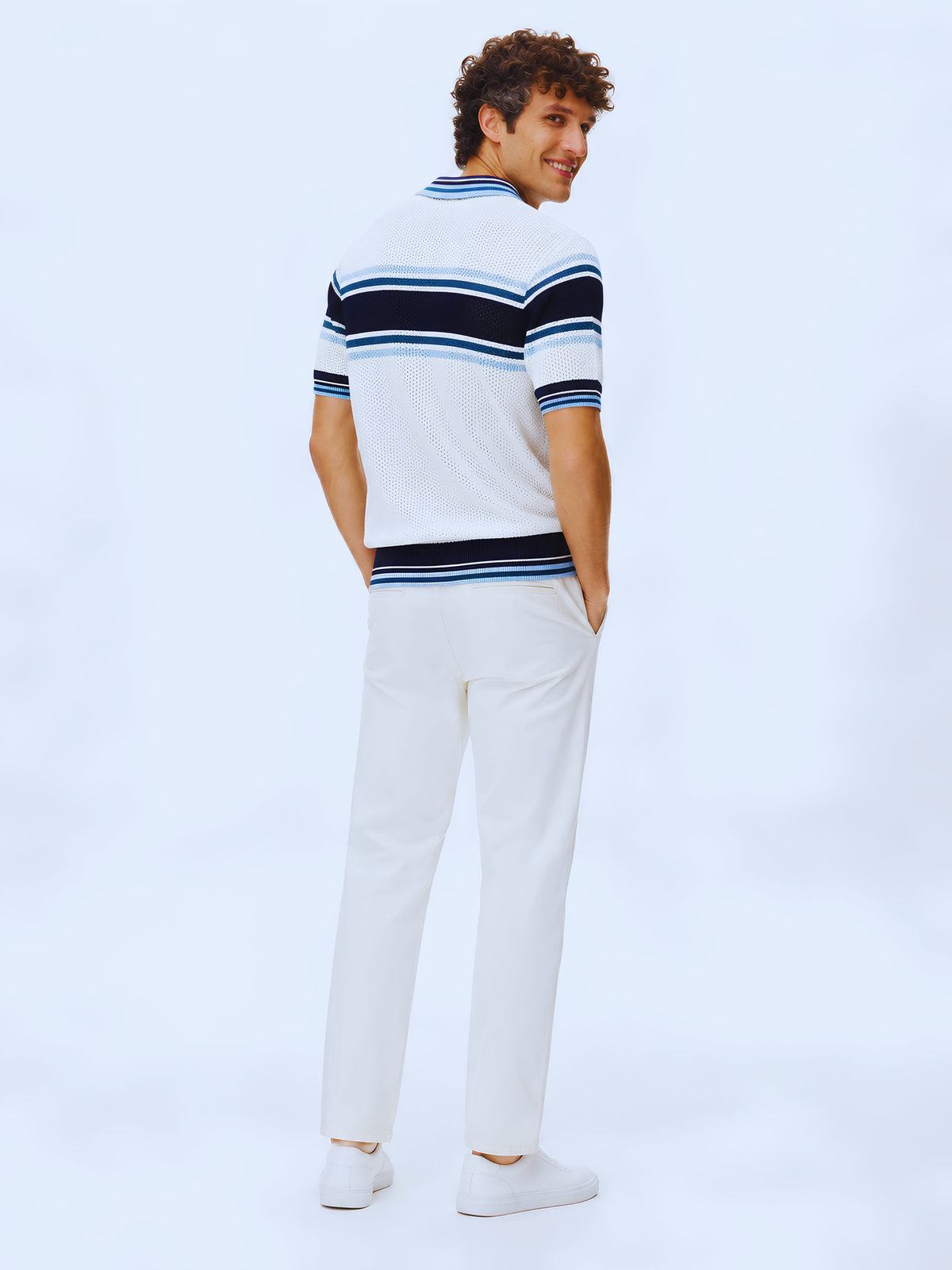 Mariner Retro Stripe Knit Polo - White & Navy Blue by Cord Cult - back view