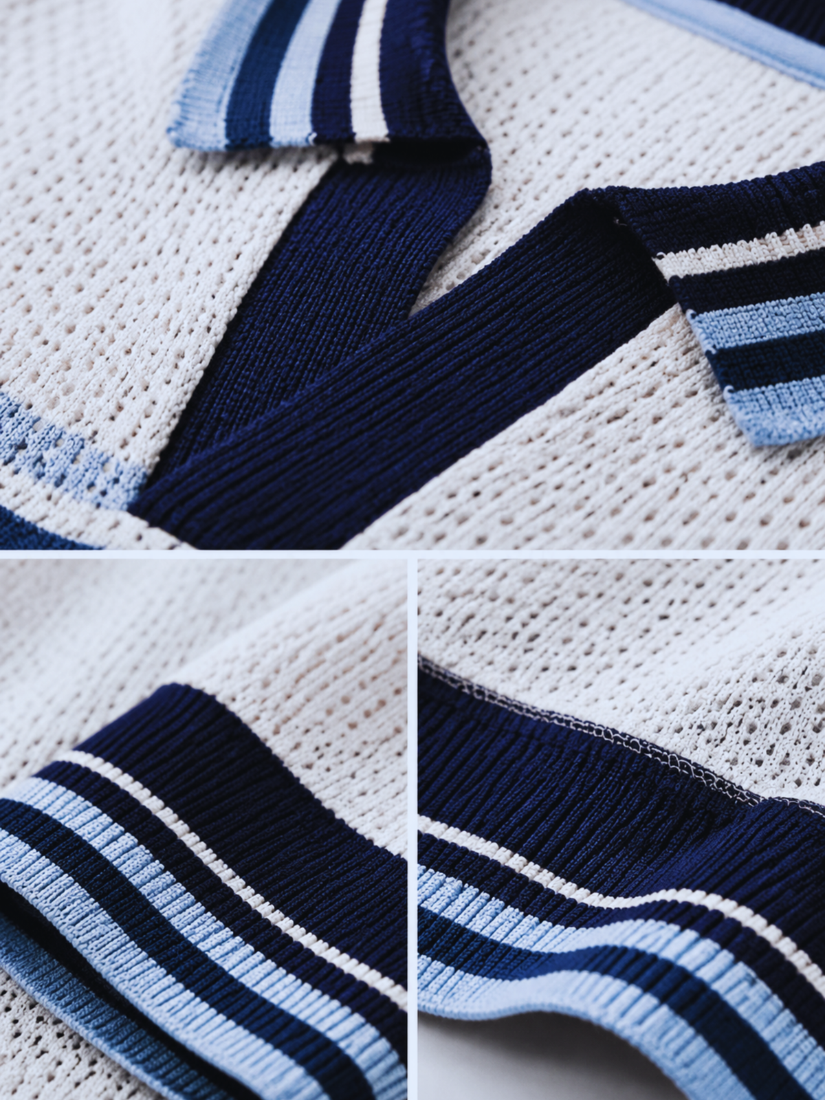 Mariner Retro Stripe Knit Polo - White & Navy Blue by Cord Cult - detail view