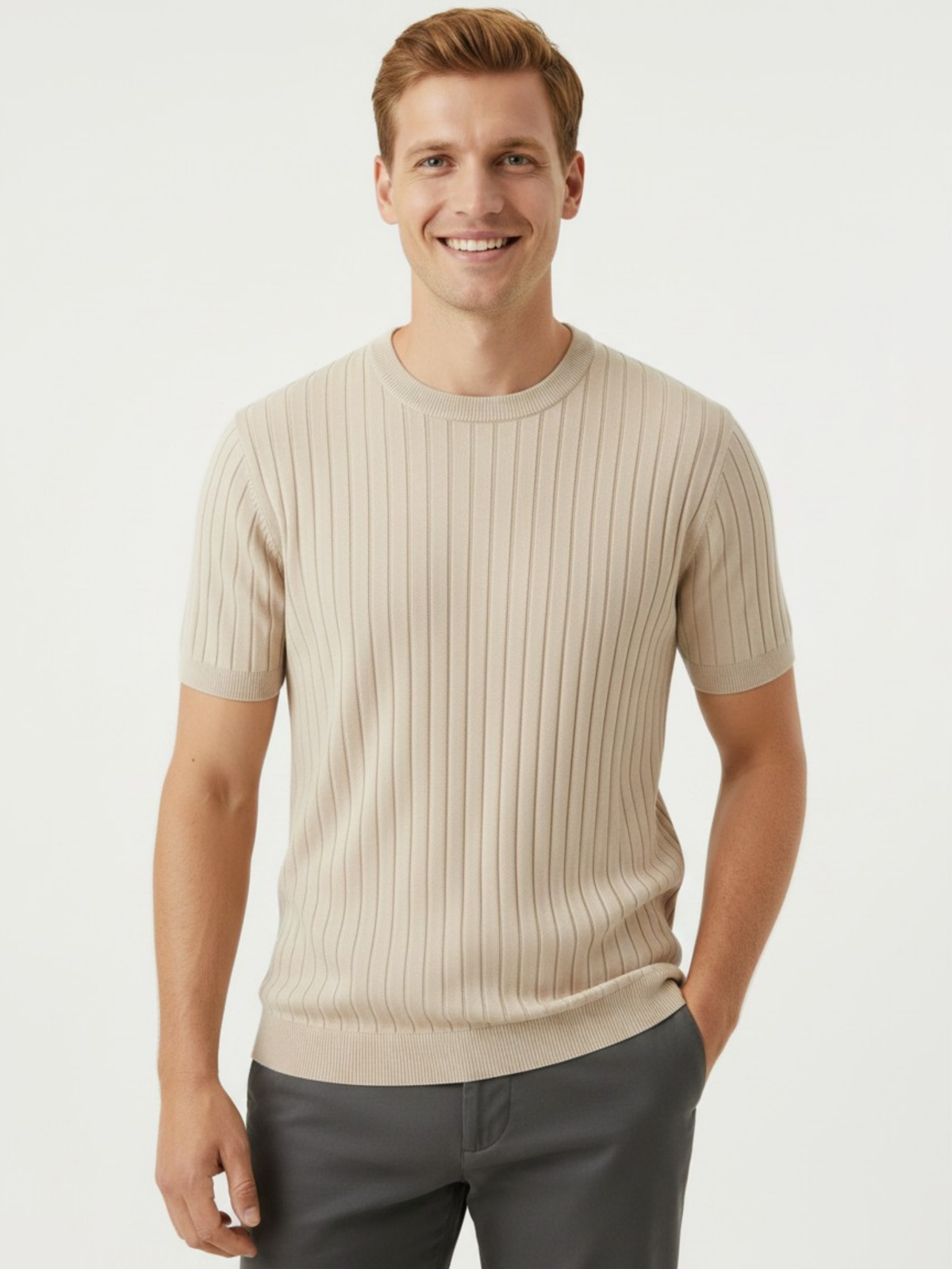 Dune Crew Ribbed Crew Neck Knit T-Shirt - Beige by Cord Cult - on-model view