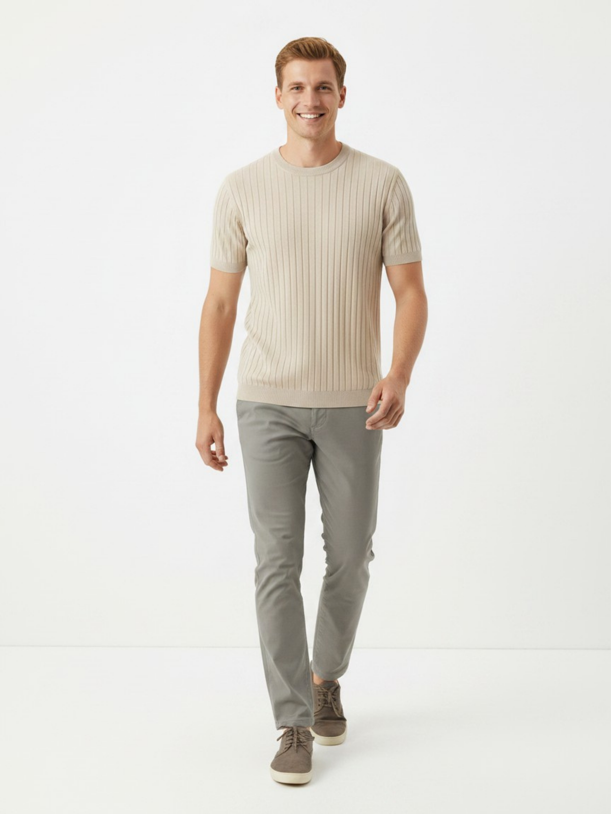 Dune Crew Ribbed Crew Neck Knit T-Shirt - Beige by Cord Cult - side view