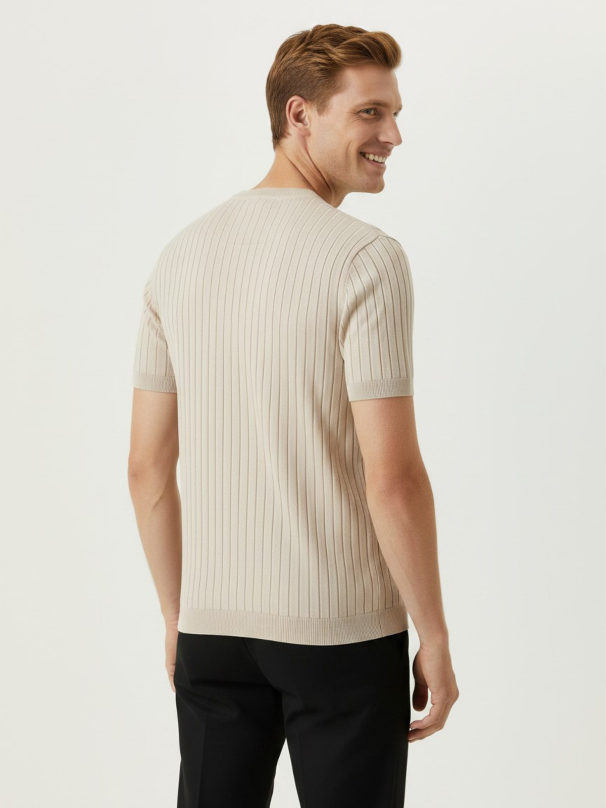 Dune Crew Ribbed Crew Neck Knit T-Shirt - Beige by Cord Cult - back view