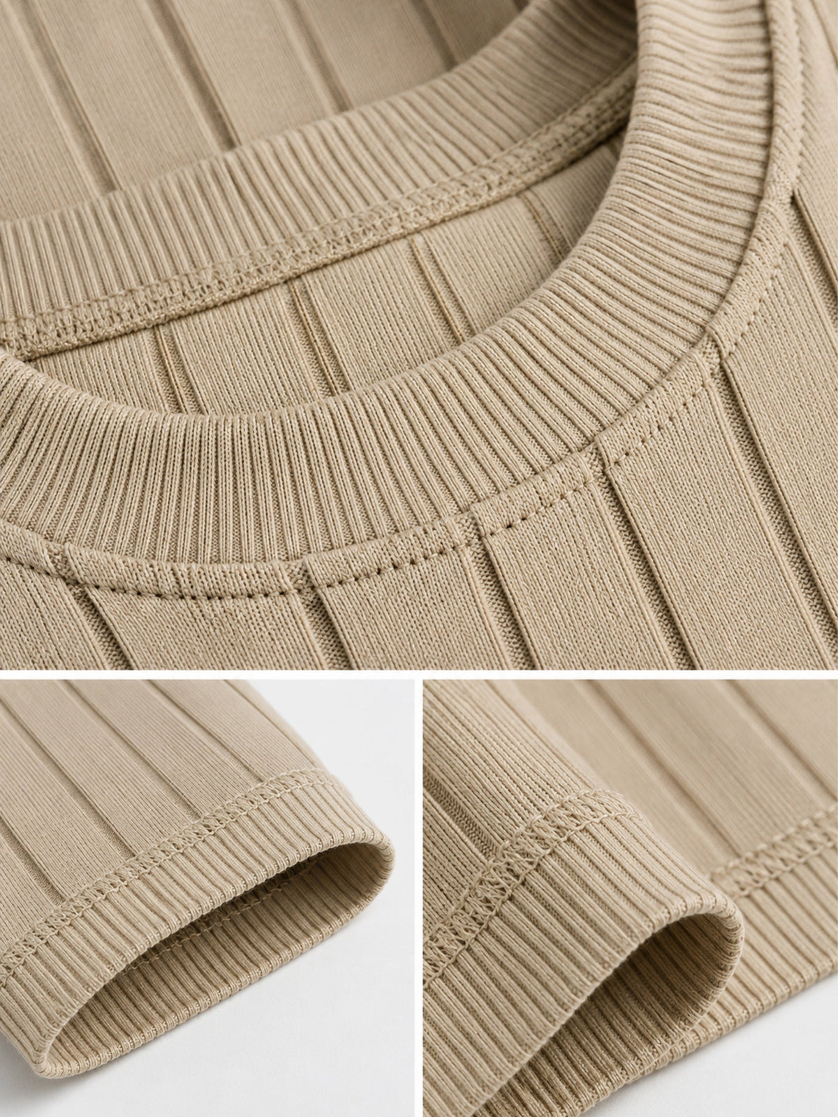 Dune Crew Ribbed Crew Neck Knit T-Shirt - Beige by Cord Cult - detail view