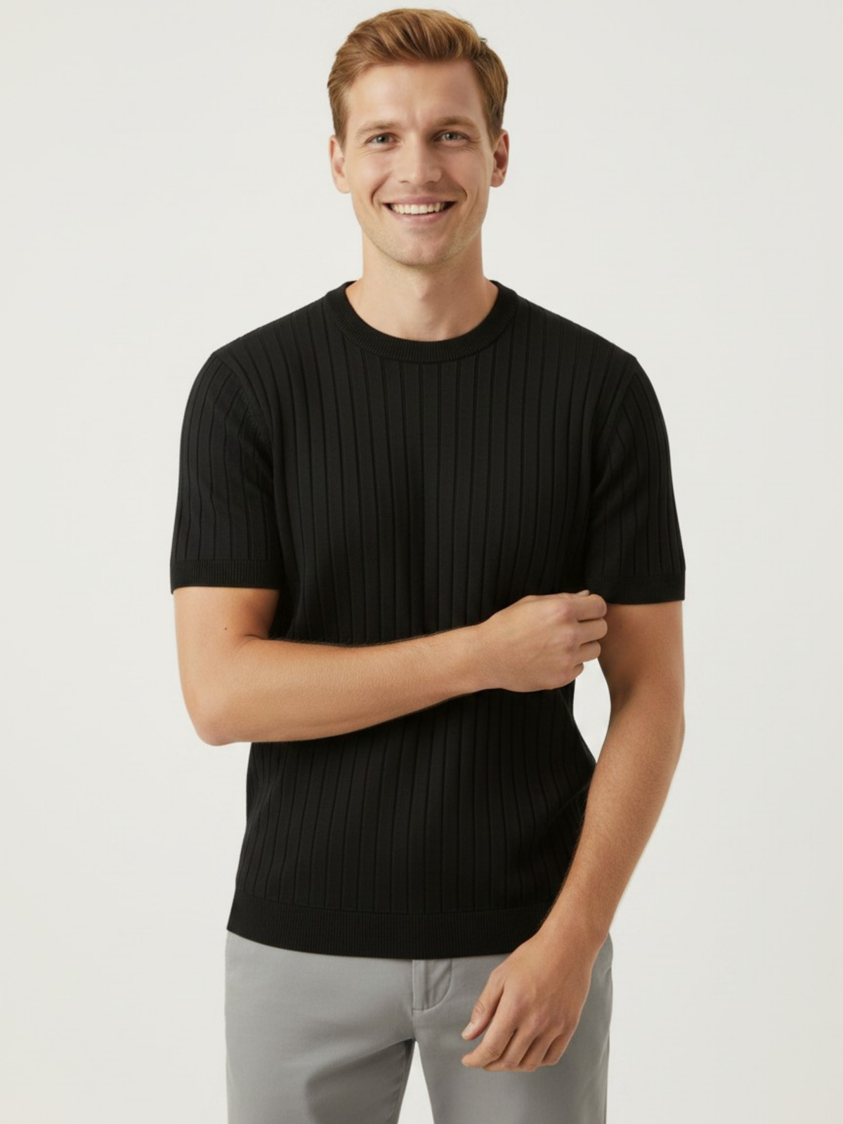 Noir Crew Ribbed Crew Neck Knit T-Shirt - Black by Cord Cult - on-model view