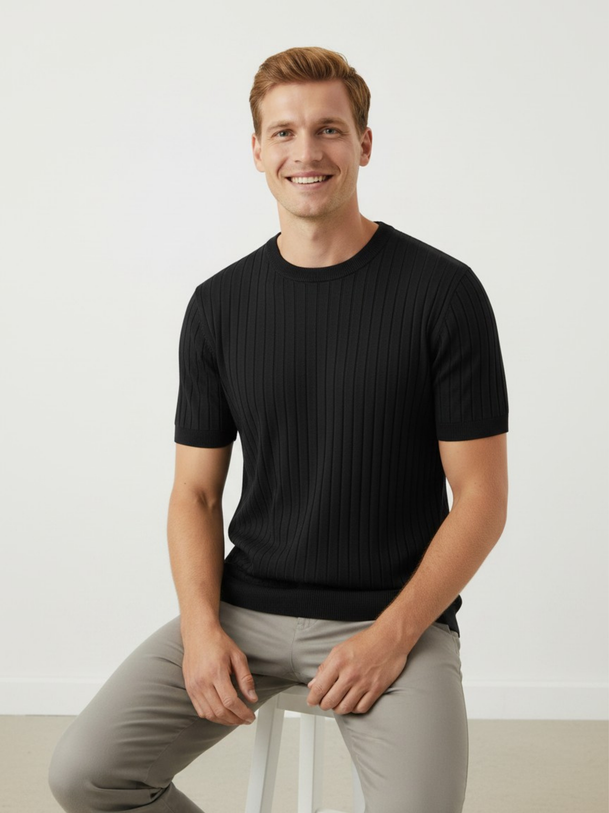 Noir Crew Ribbed Crew Neck Knit T-Shirt - Black by Cord Cult - styled view