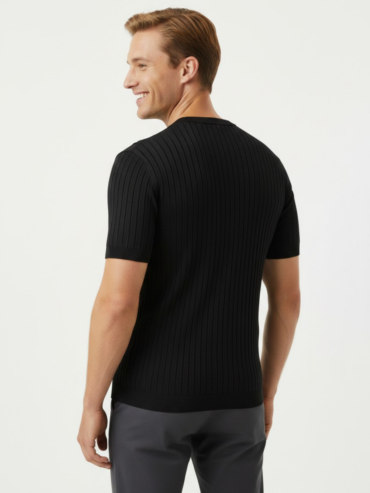 Noir Crew Ribbed Crew Neck Knit T-Shirt - Black by Cord Cult - back view
