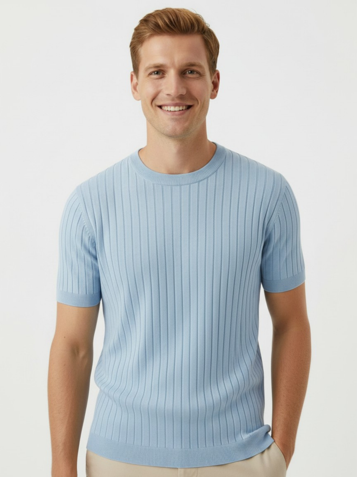 Cloud Crew Ribbed Crew Neck Knit T-Shirt - Sky Blue by Cord Cult - on-model view