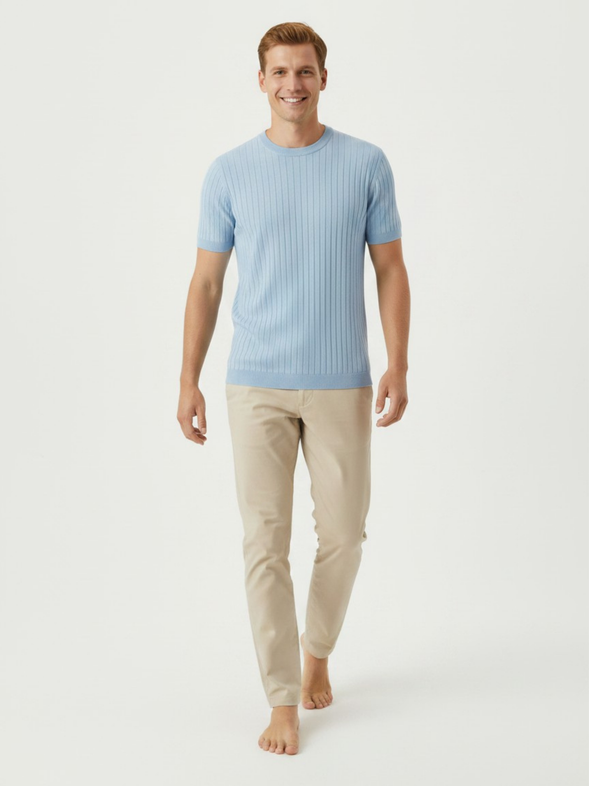 Cloud Crew Ribbed Crew Neck Knit T-Shirt - Sky Blue by Cord Cult - styled view