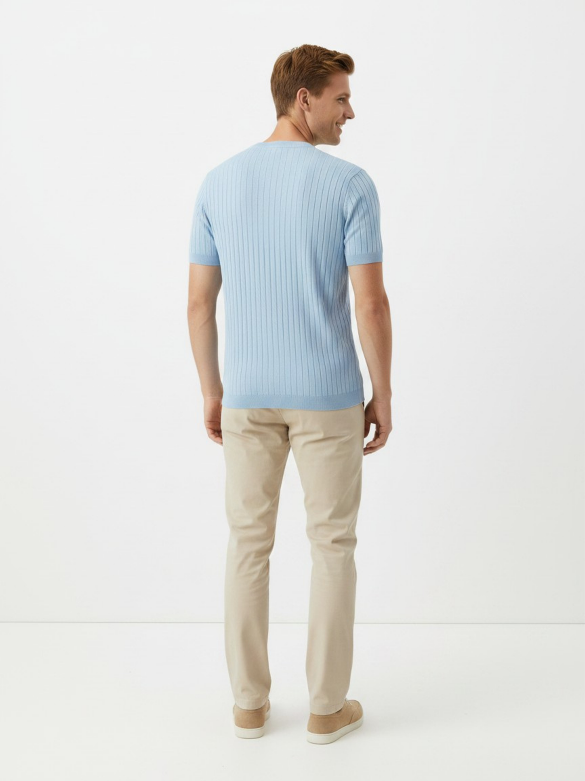 Cloud Crew Ribbed Crew Neck Knit T-Shirt - Sky Blue by Cord Cult - back view
