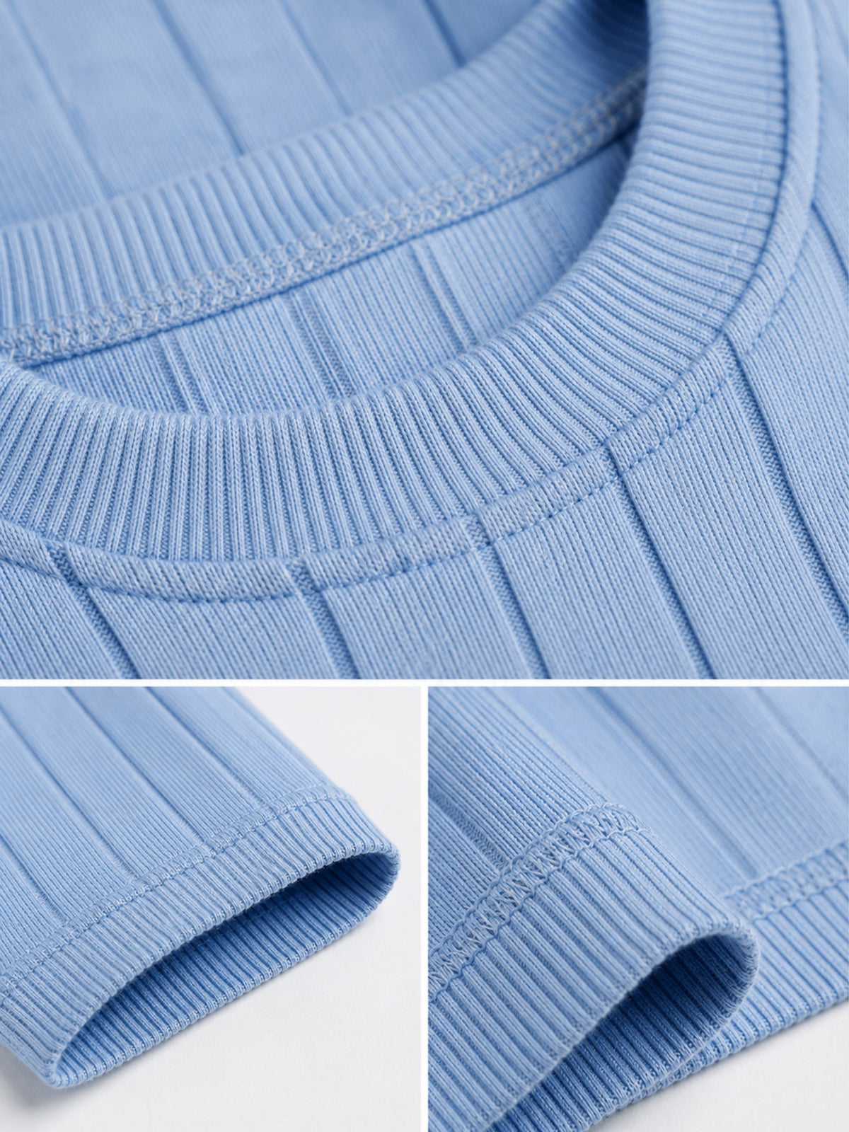 Cloud Crew Ribbed Crew Neck Knit T-Shirt - Sky Blue by Cord Cult - detail view