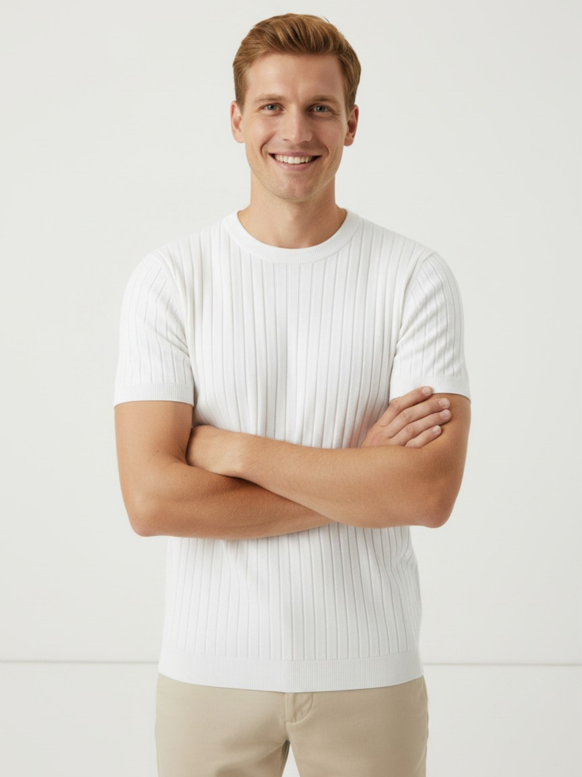 Polar Ribbed Crew Neck Knit T-Shirt - White by Cord Cult - on-model view
