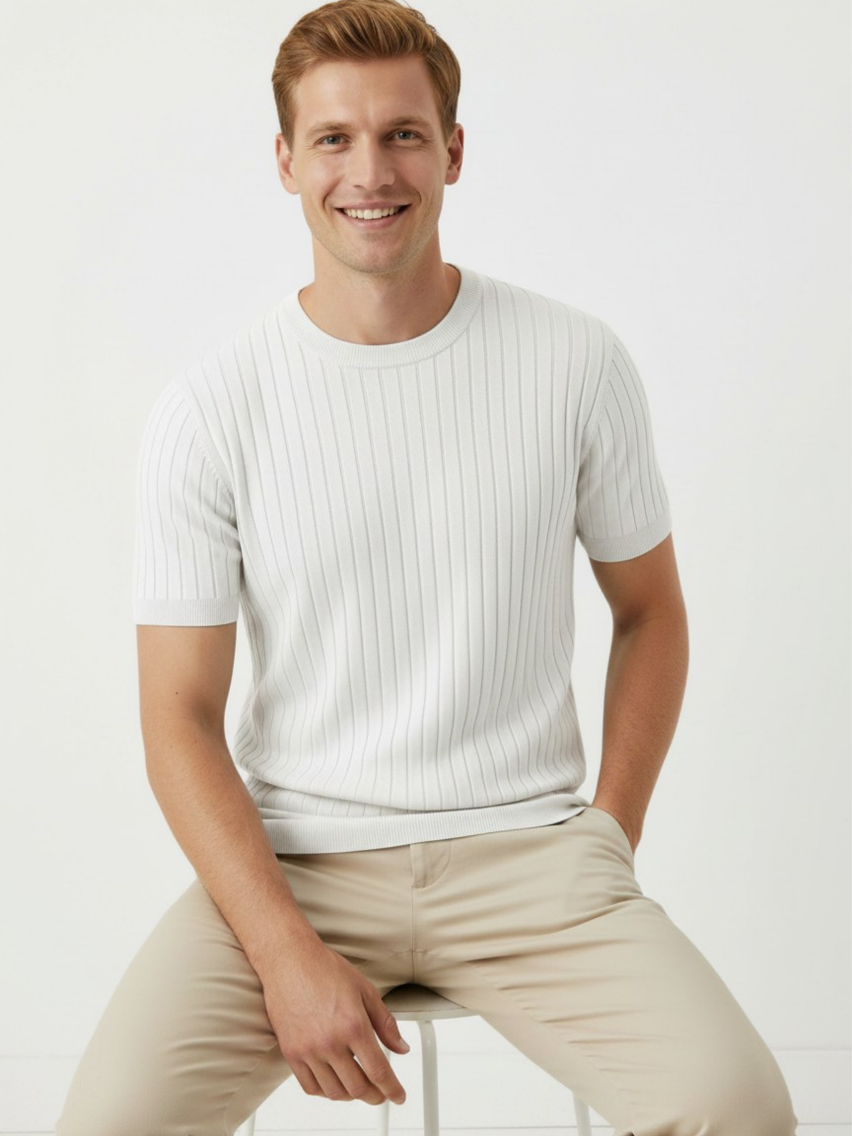 Polar Ribbed Crew Neck Knit T-Shirt - White by Cord Cult - styled view