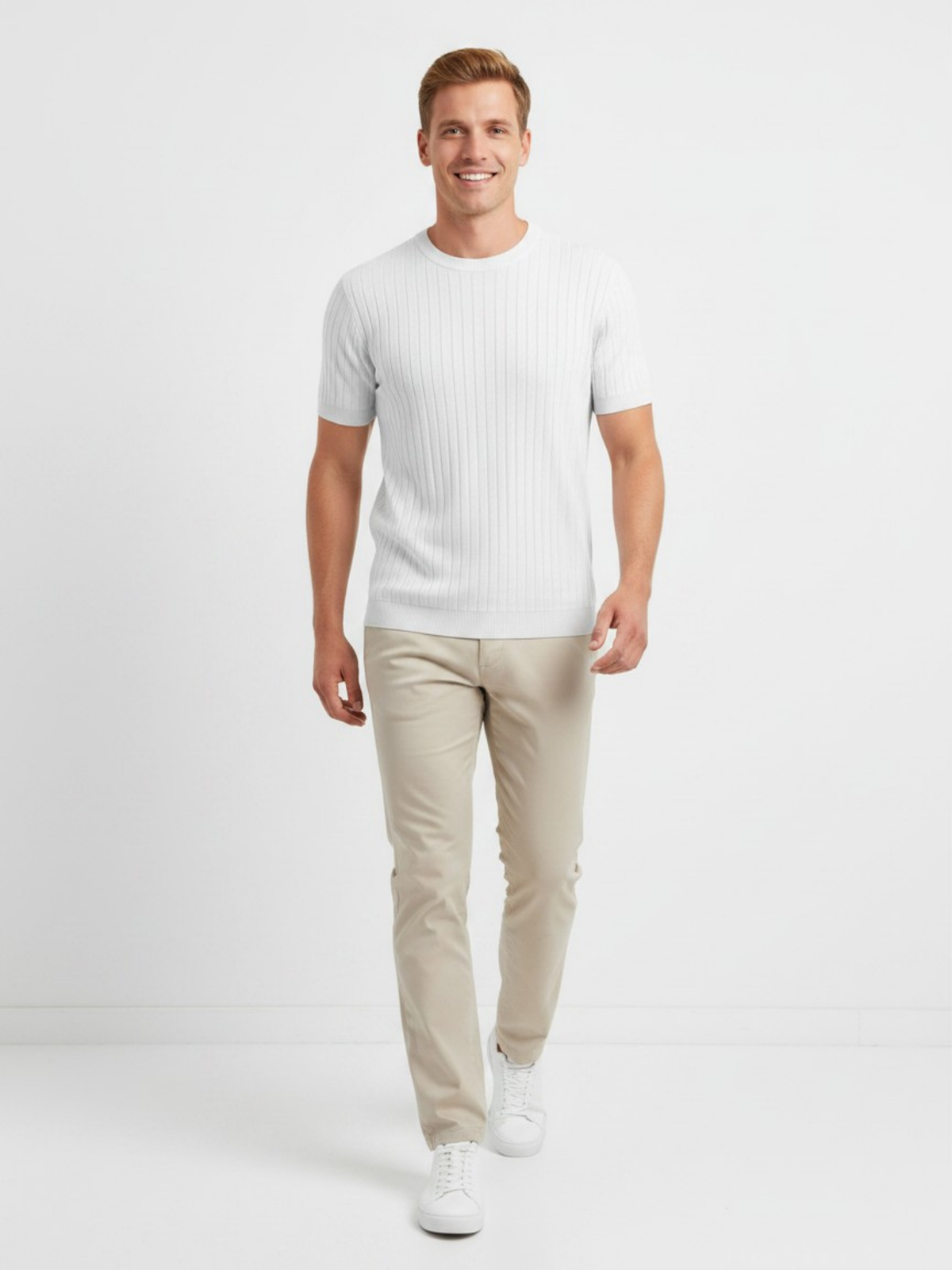 Polar Ribbed Crew Neck Knit T-Shirt - White by Cord Cult - side view
