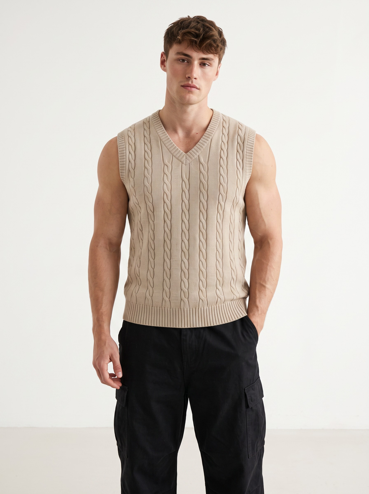 Sandstone Cable Knit Vest - Beige by Cord Cult - on-model view