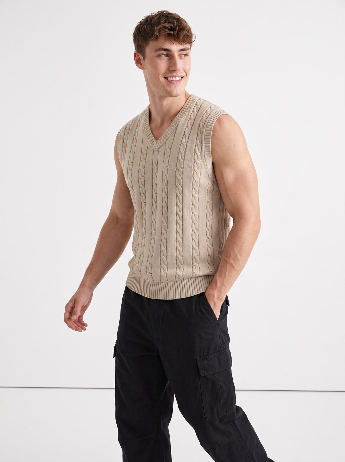 Sandstone Cable Knit Vest - Beige by Cord Cult - styled view