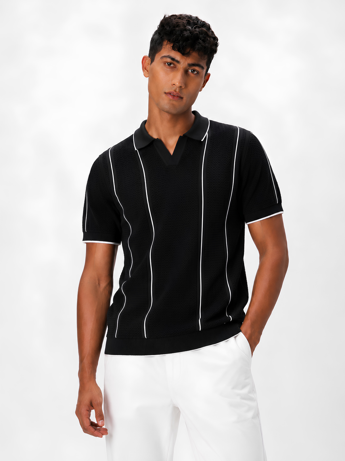 Mono Line Textured Knit Polo - Black & White by Cord Cult - on-model view