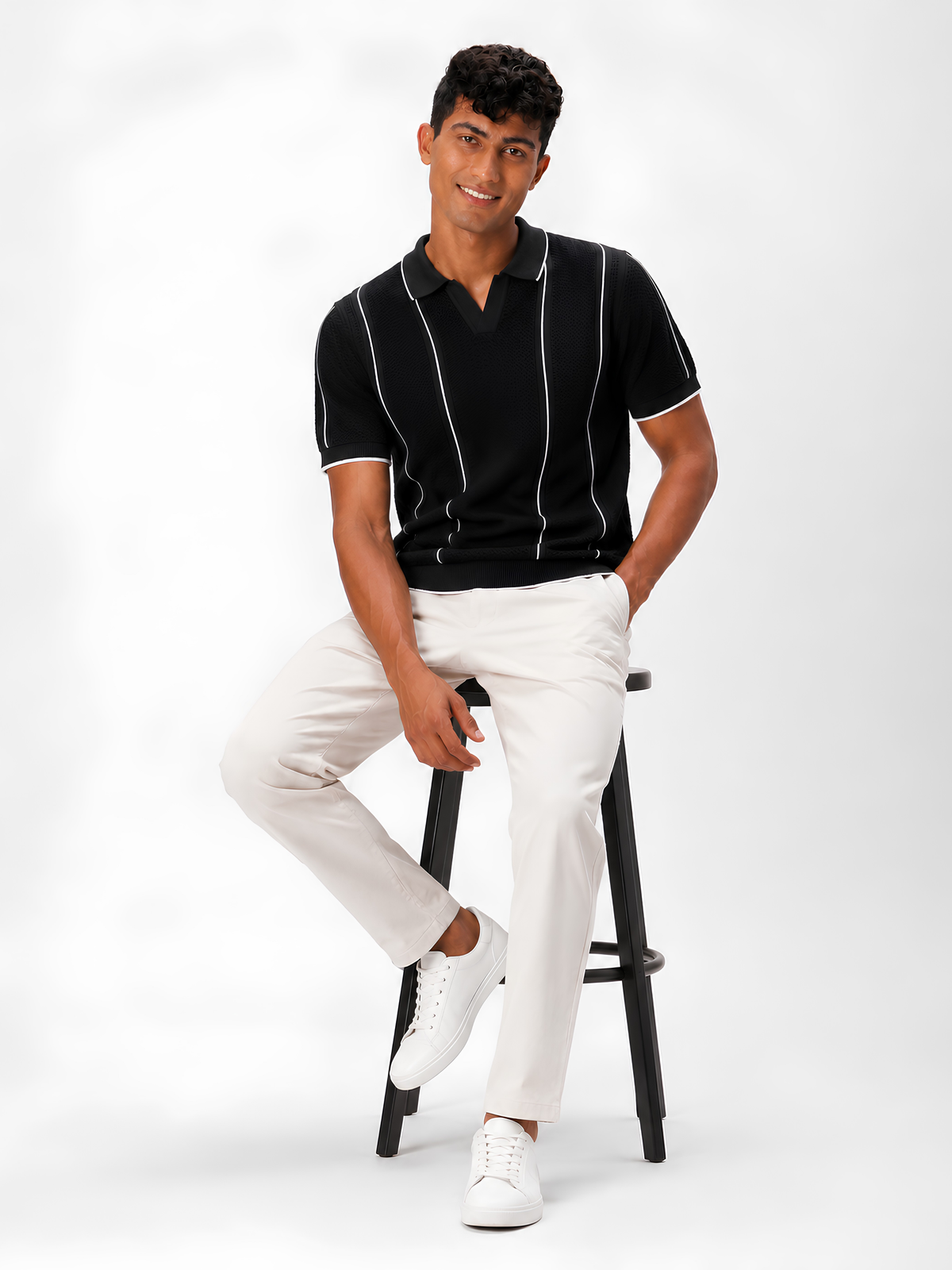Mono Line Textured Knit Polo - Black & White by Cord Cult - styled view
