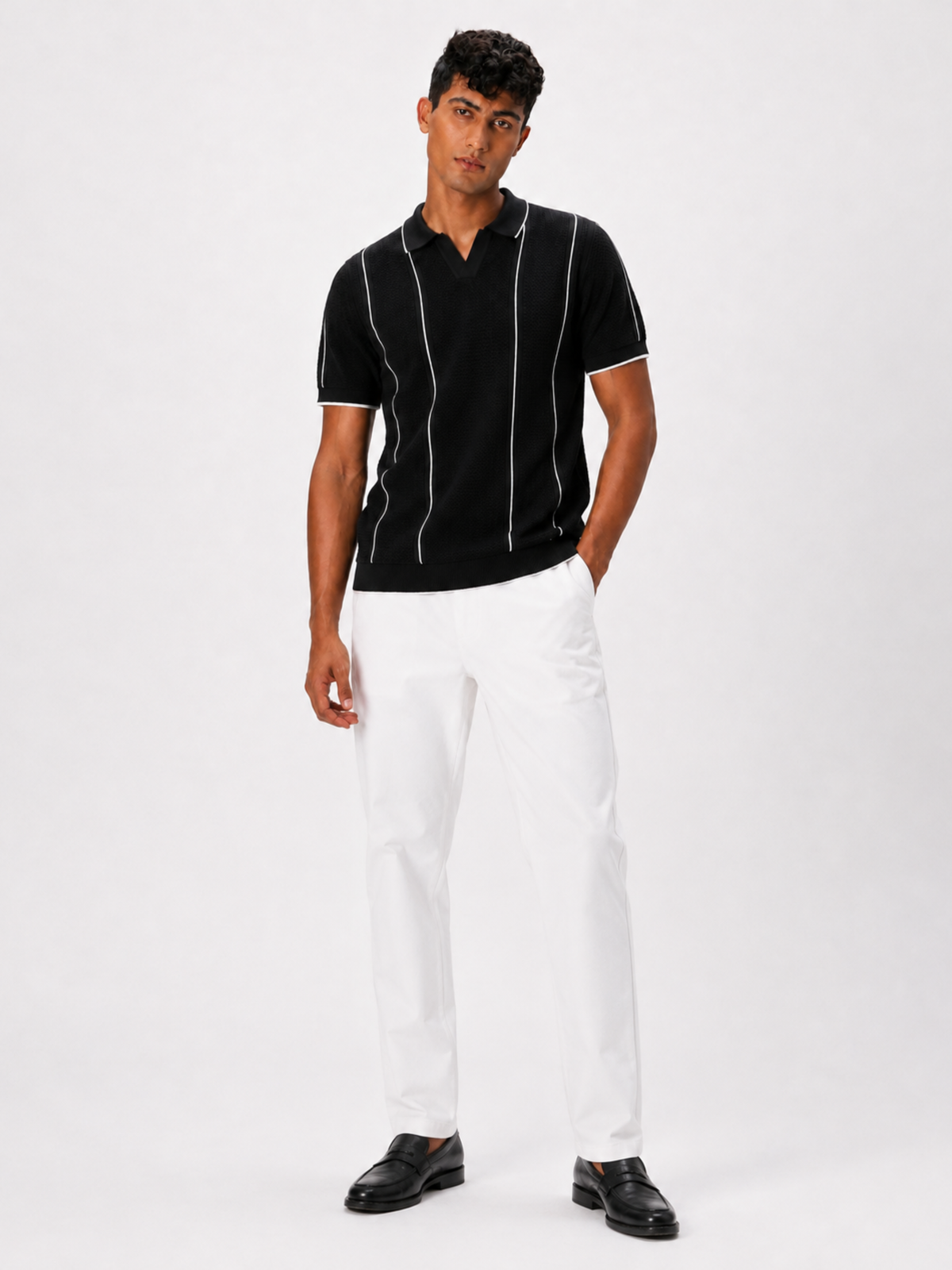 Mono Line Textured Knit Polo - Black & White by Cord Cult - side view