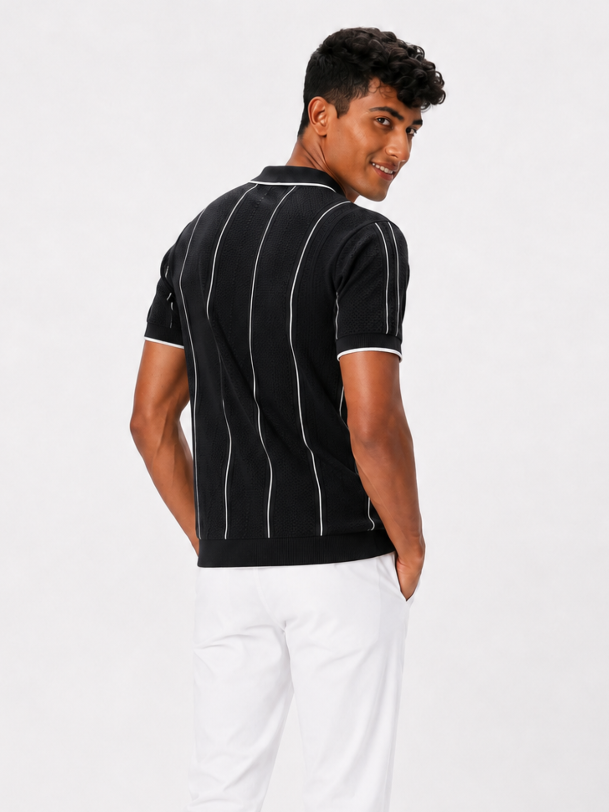 Mono Line Textured Knit Polo - Black & White by Cord Cult - back view