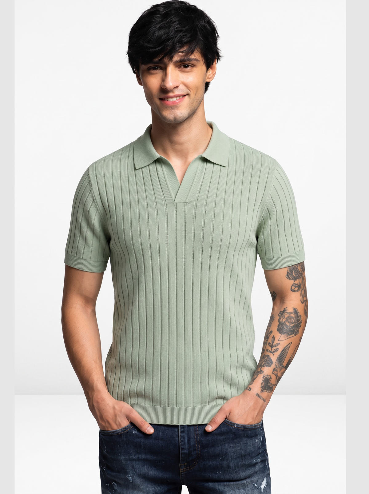 Verdant Vertical Rib Knit Polo - Sage Green by Cord Cult - on-model view