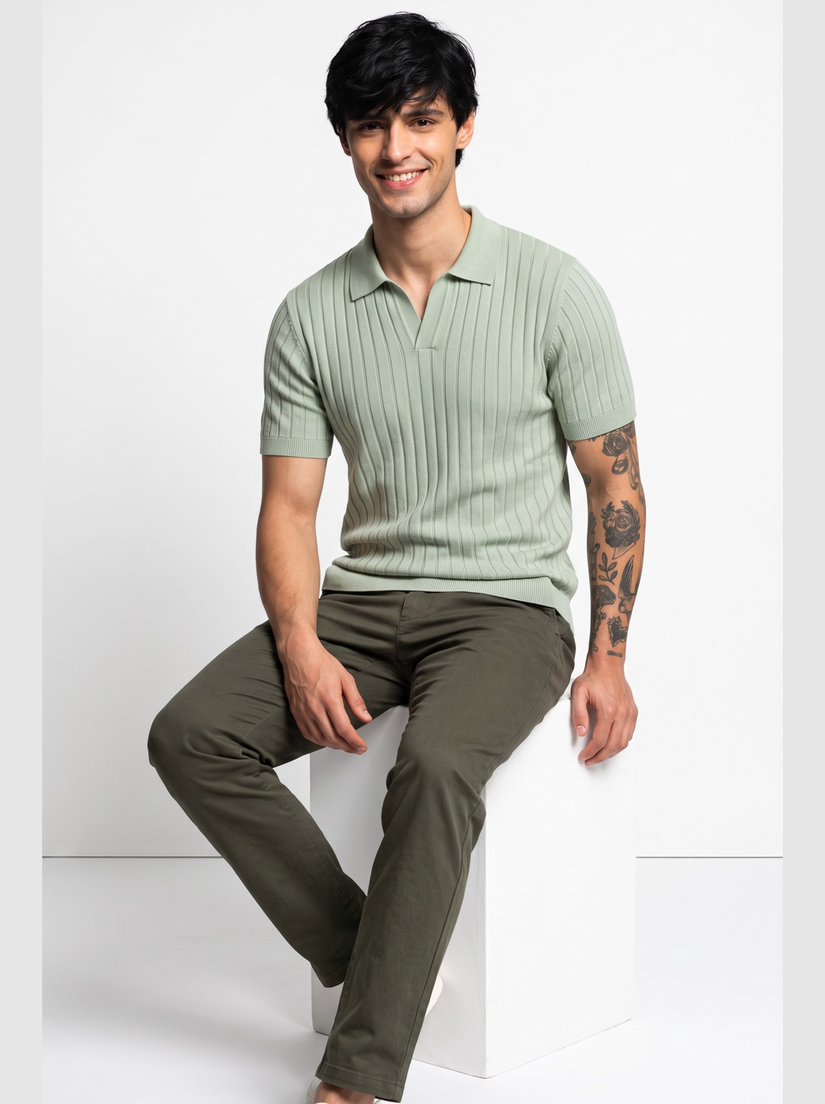 Verdant Vertical Rib Knit Polo - Sage Green by Cord Cult - styled view