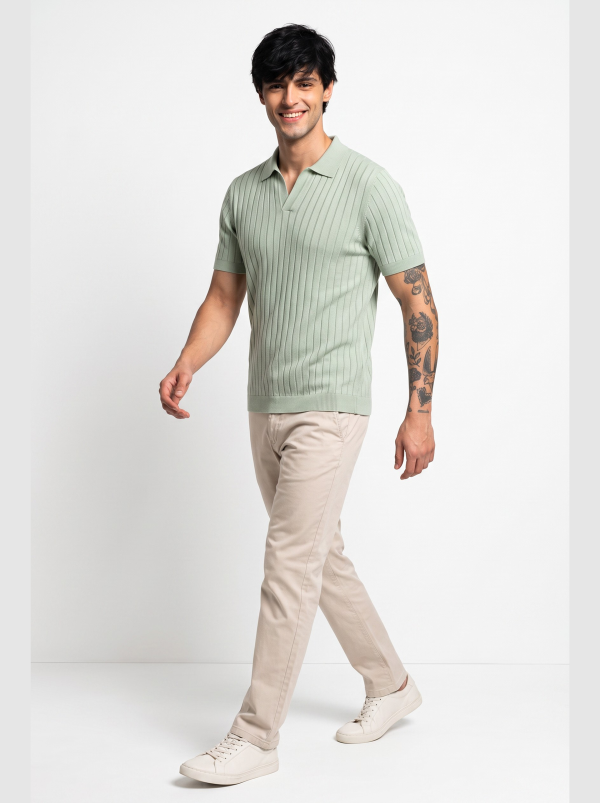 Verdant Vertical Rib Knit Polo - Sage Green by Cord Cult - side view