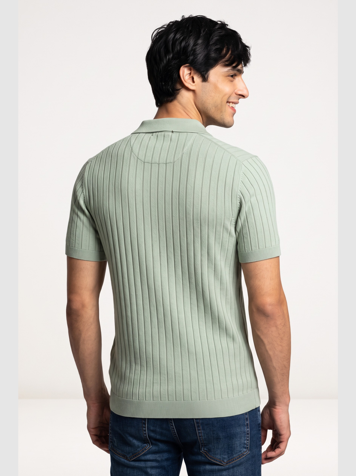 Verdant Vertical Rib Knit Polo - Sage Green by Cord Cult - back view