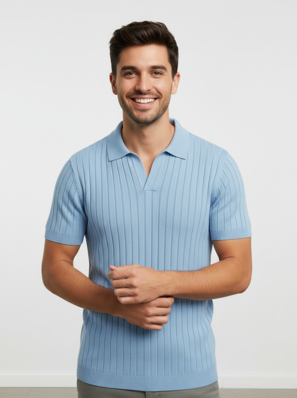 Aero Vertical Rib Knit Polo - Sky Blue by Cord Cult - on-model view
