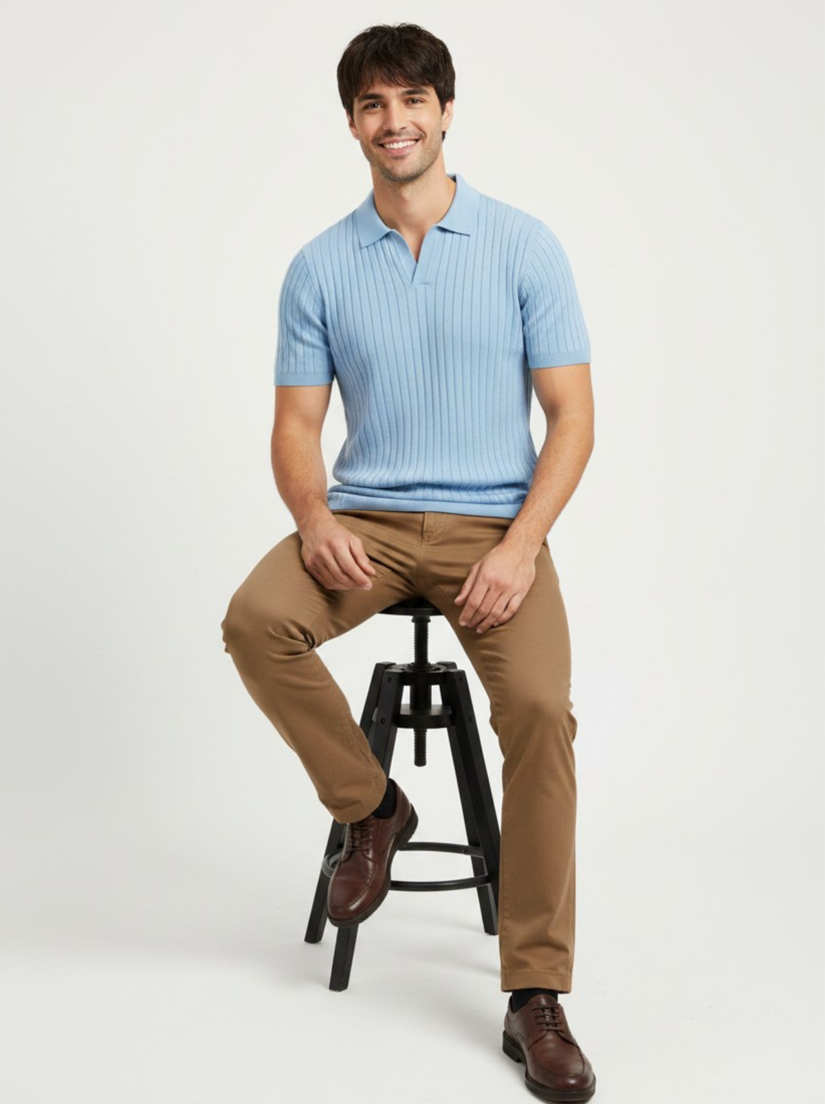 Aero Vertical Rib Knit Polo - Sky Blue by Cord Cult - styled view