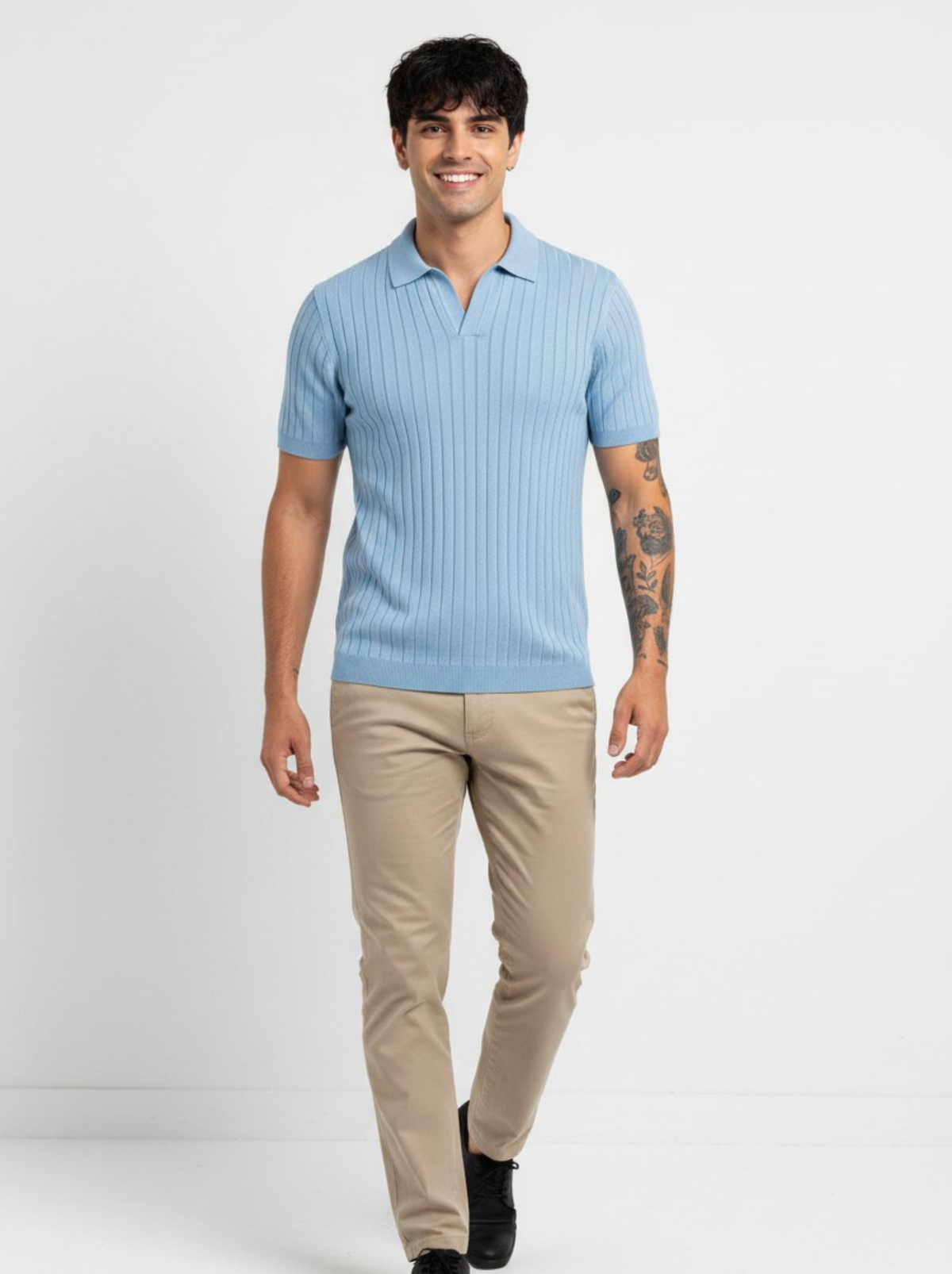 Aero Vertical Rib Knit Polo - Sky Blue by Cord Cult - side view