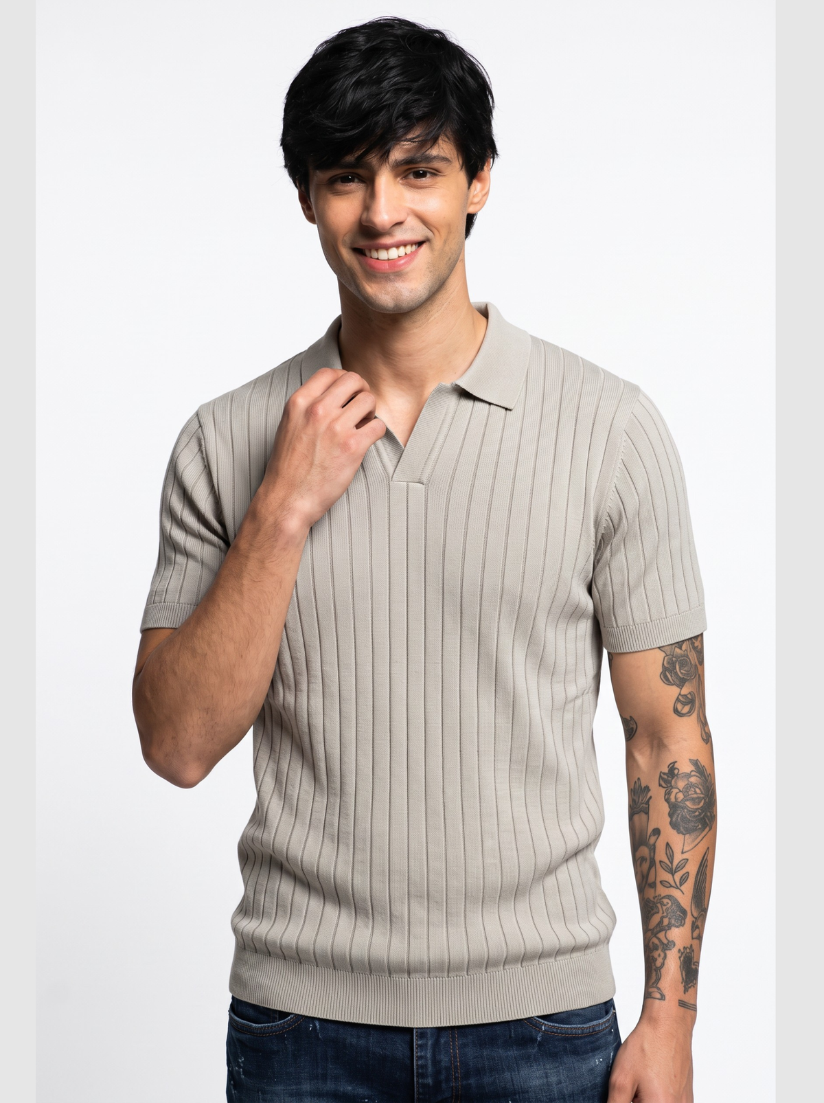 Monolith Vertical Rib Knit Polo - Stone by Cord Cult - on-model view