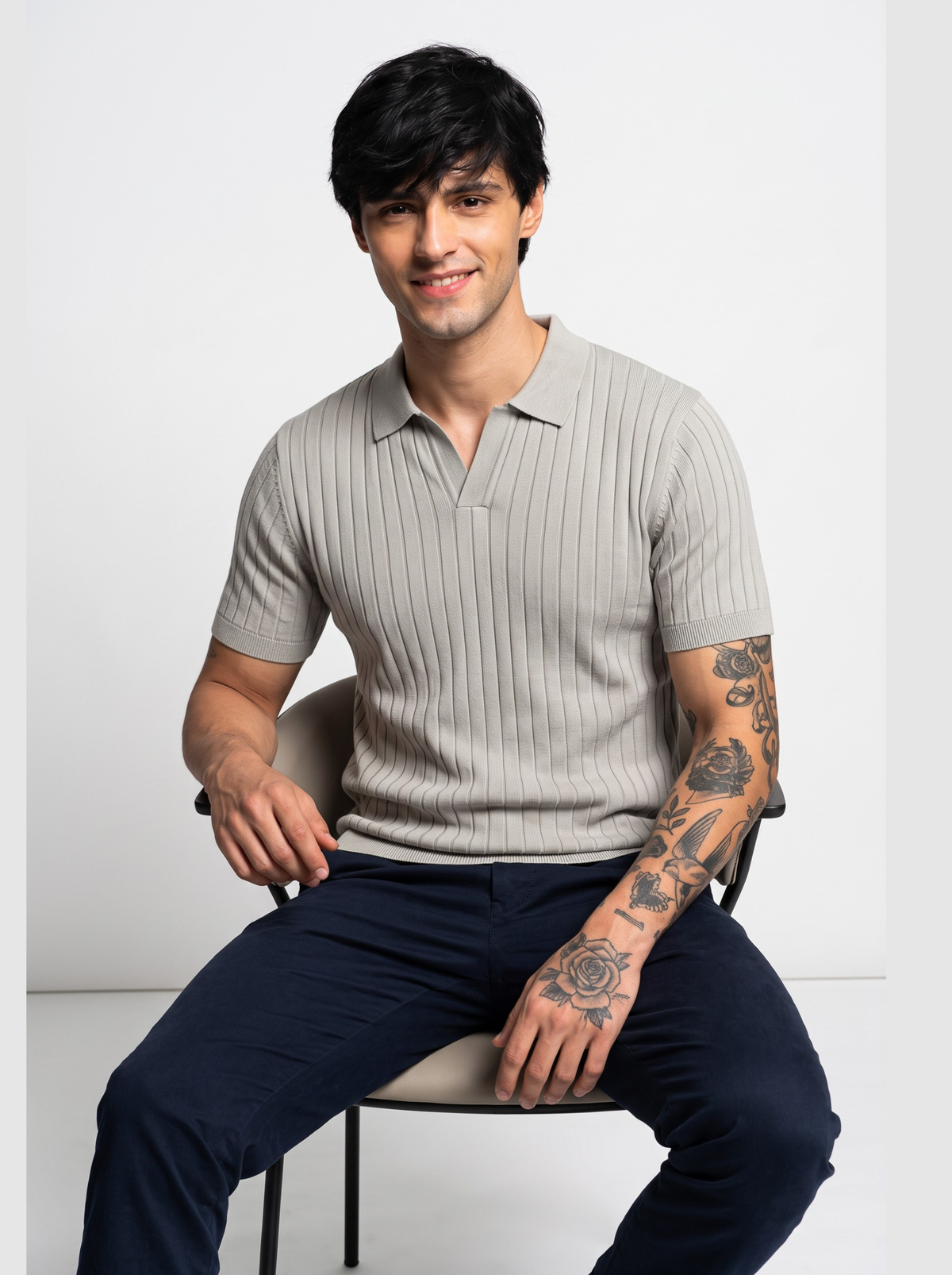Monolith Vertical Rib Knit Polo - Stone by Cord Cult - styled view
