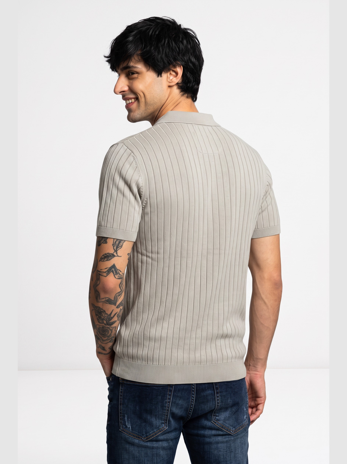 Monolith Vertical Rib Knit Polo - Stone by Cord Cult - back view