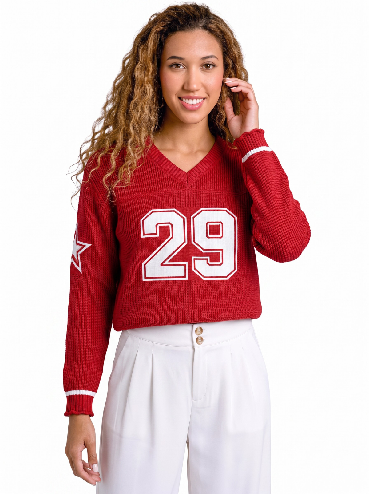 Crimson 29 Star Varsity Knit Sweater - Red by Cord Cult - on-model view