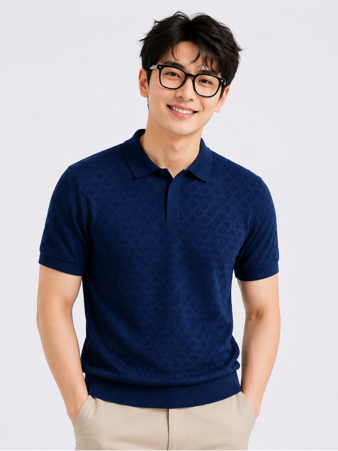 Deep Sea Diamond Knit Polo - Navy Blue by Cord Cult - on-model view