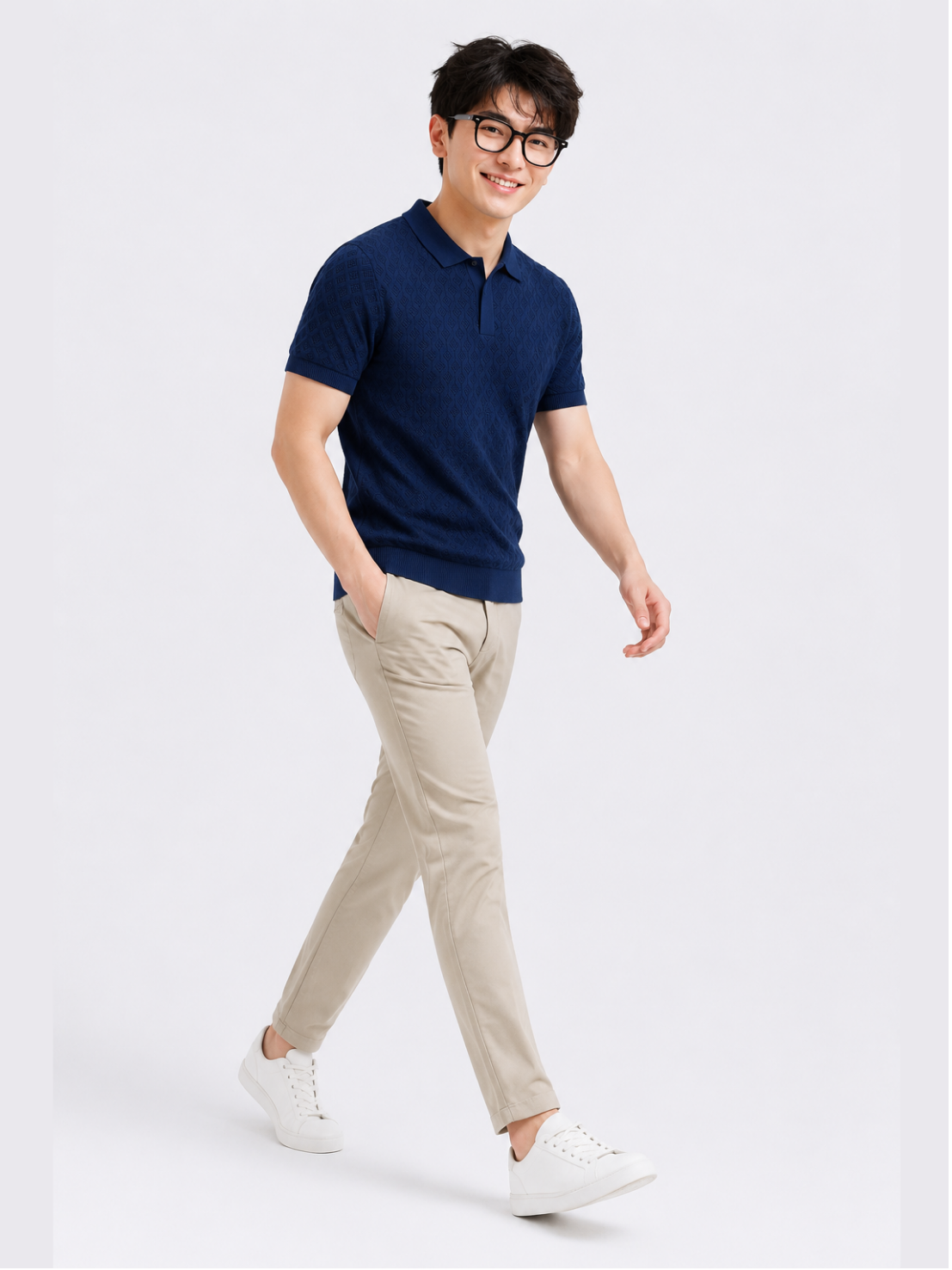 Deep Sea Diamond Knit Polo - Navy Blue by Cord Cult - styled view