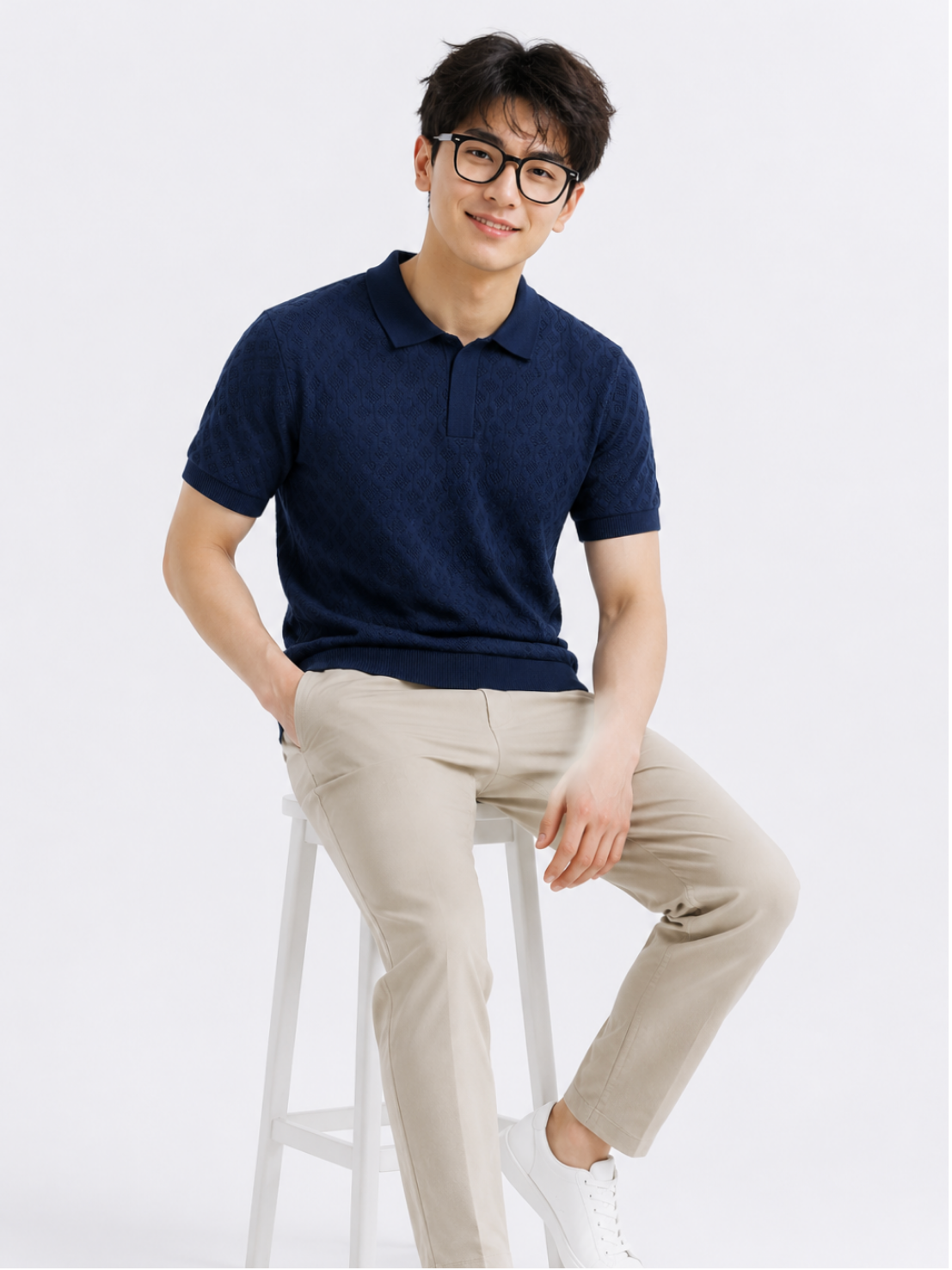 Deep Sea Diamond Knit Polo - Navy Blue by Cord Cult - side view