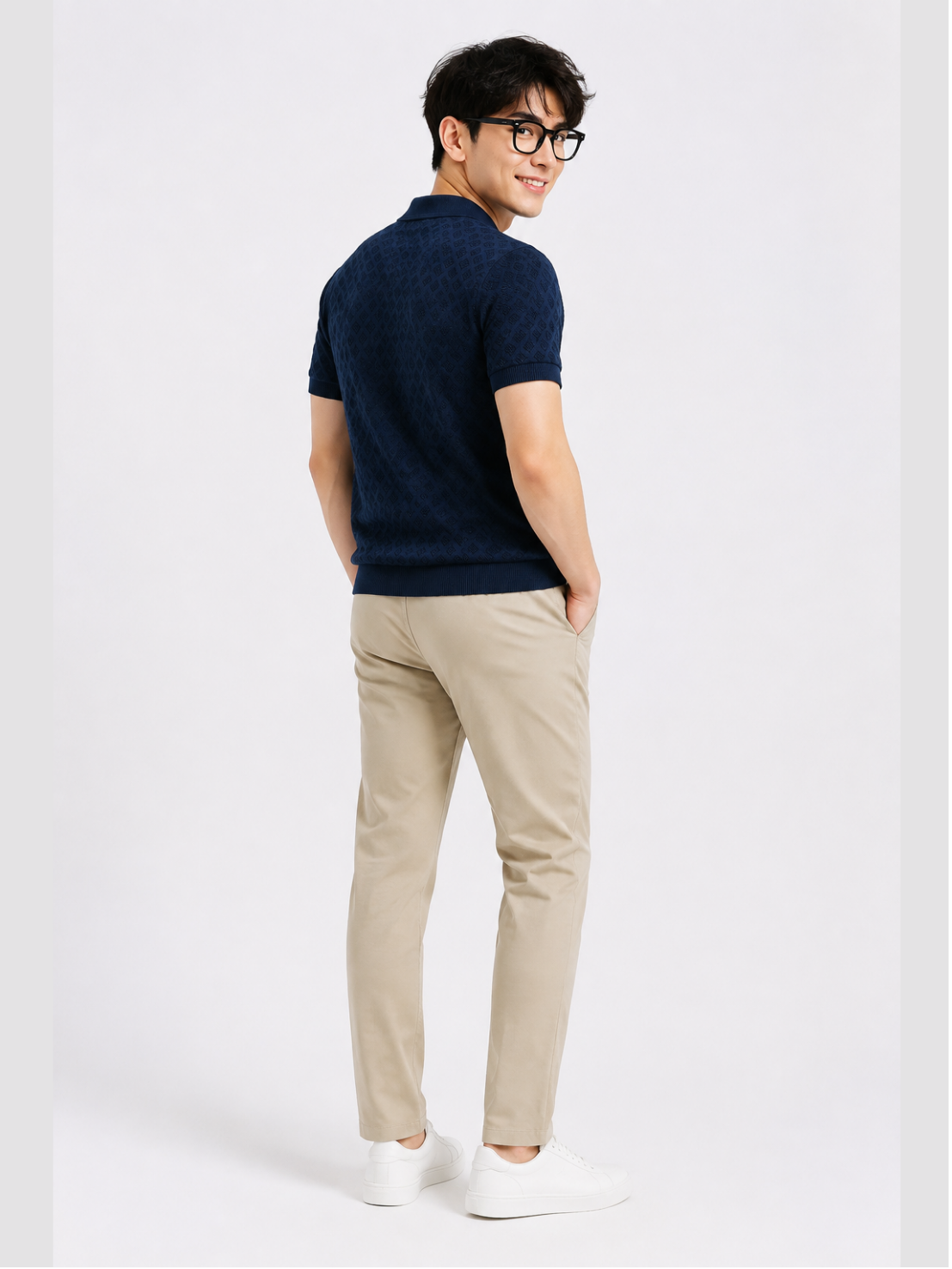 Deep Sea Diamond Knit Polo - Navy Blue by Cord Cult - back view