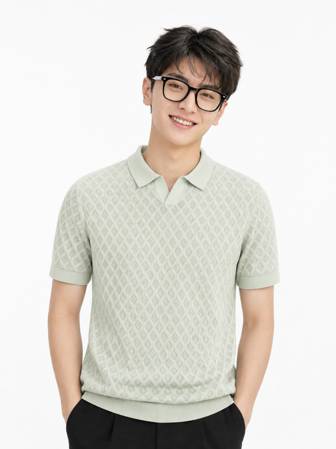 Mintfield Diamond Knit Polo - Pastel Green by Cord Cult - on-model view