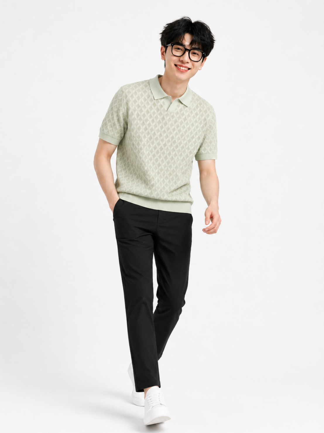 Mintfield Diamond Knit Polo - Pastel Green by Cord Cult - styled view
