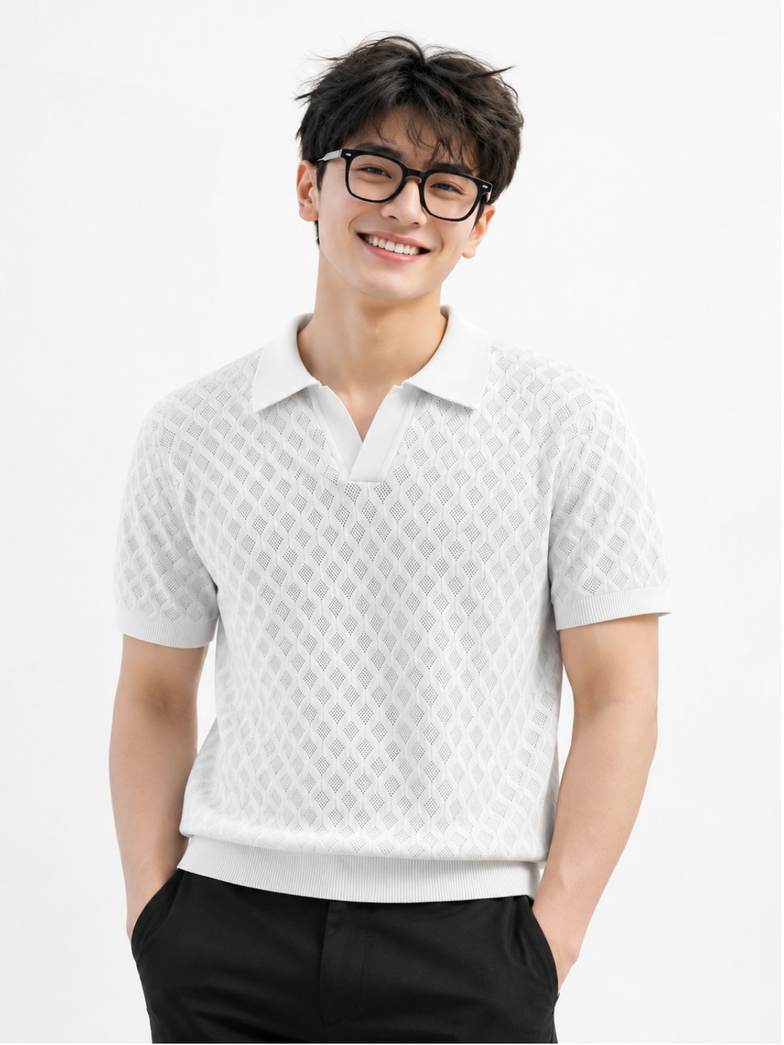White Ice Diamond Knit Polo - White by Cord Cult - on-model view