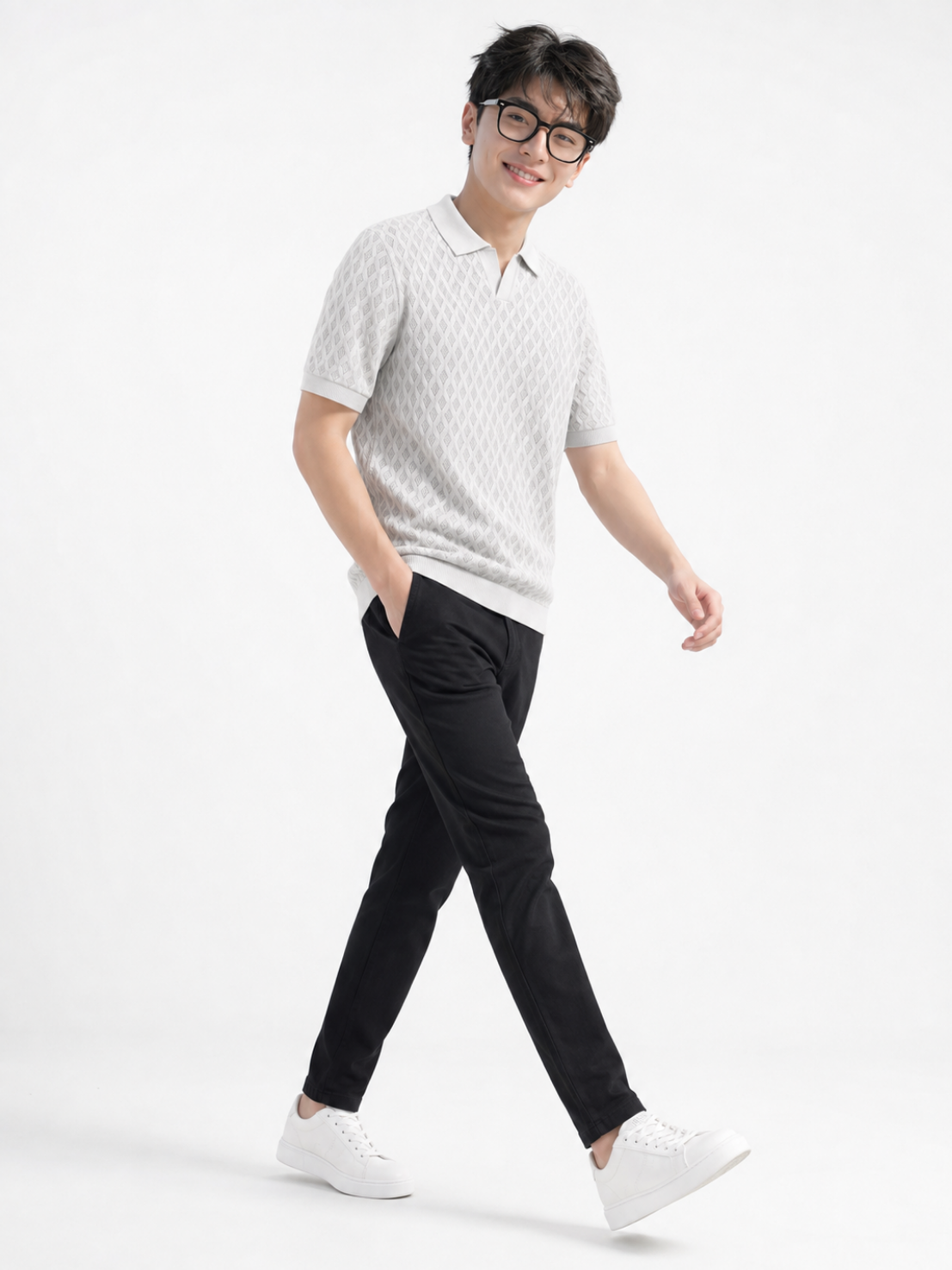 White Ice Diamond Knit Polo - White by Cord Cult - styled view