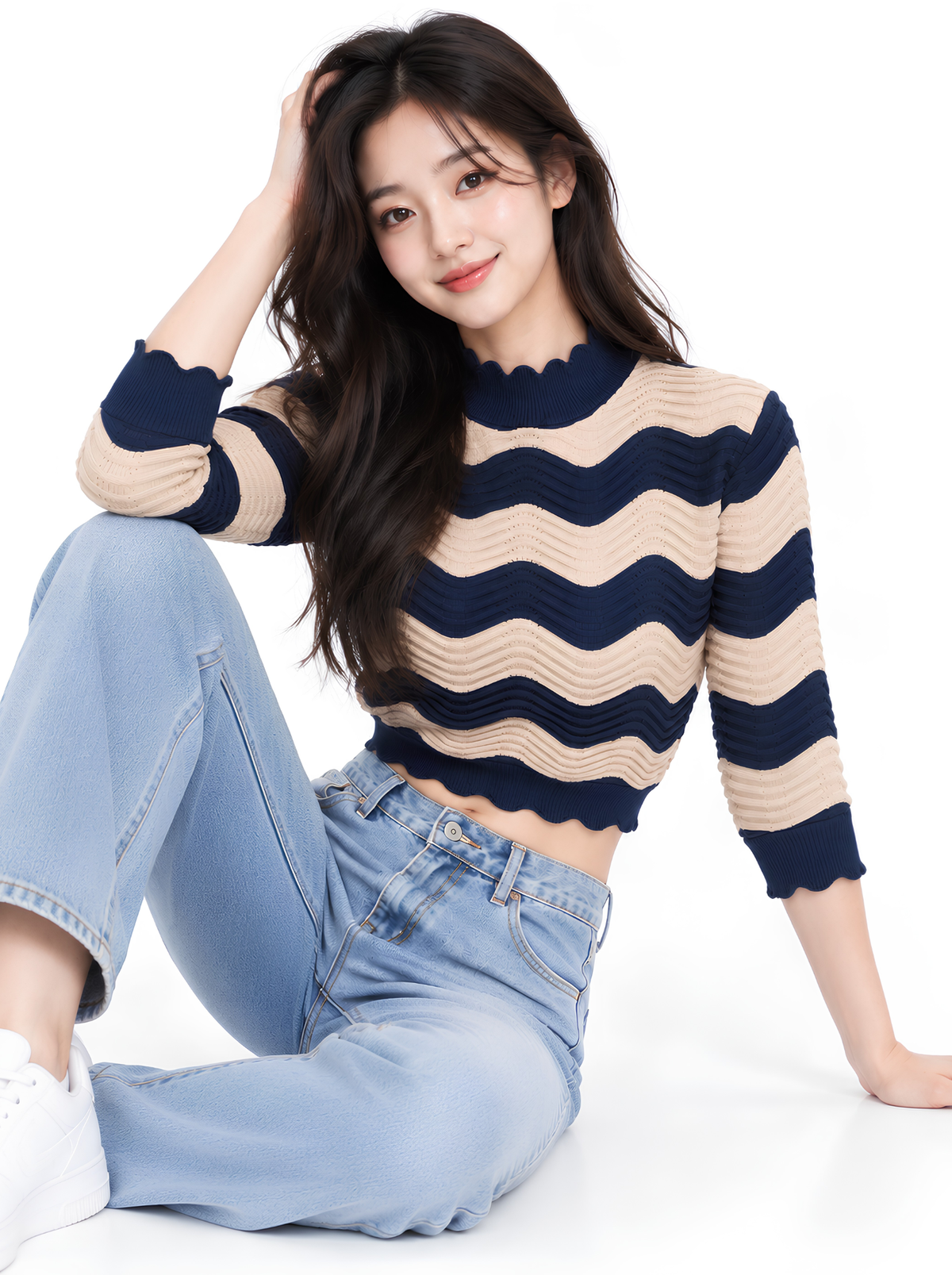 Dune Current Wave Knit Crop Top - Beige & Navy by Cord Cult - styled view