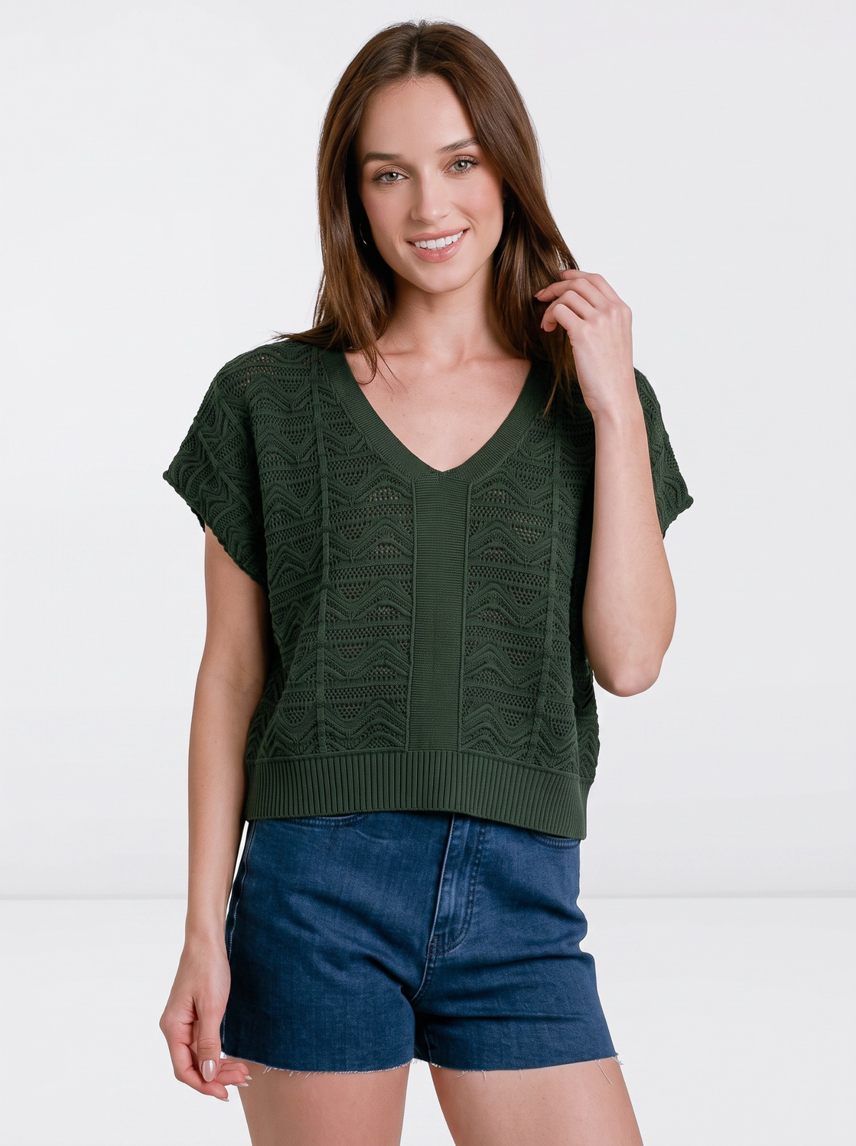 Evergreen Arc V-Neck Knit Crop Top by Cord Cult - on-model view