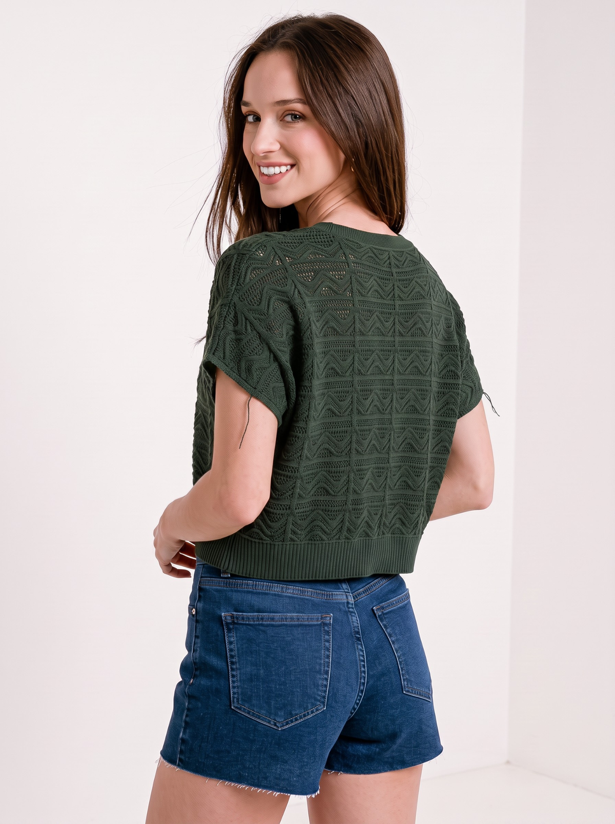 Evergreen Arc V-Neck Knit Crop Top by Cord Cult - back view