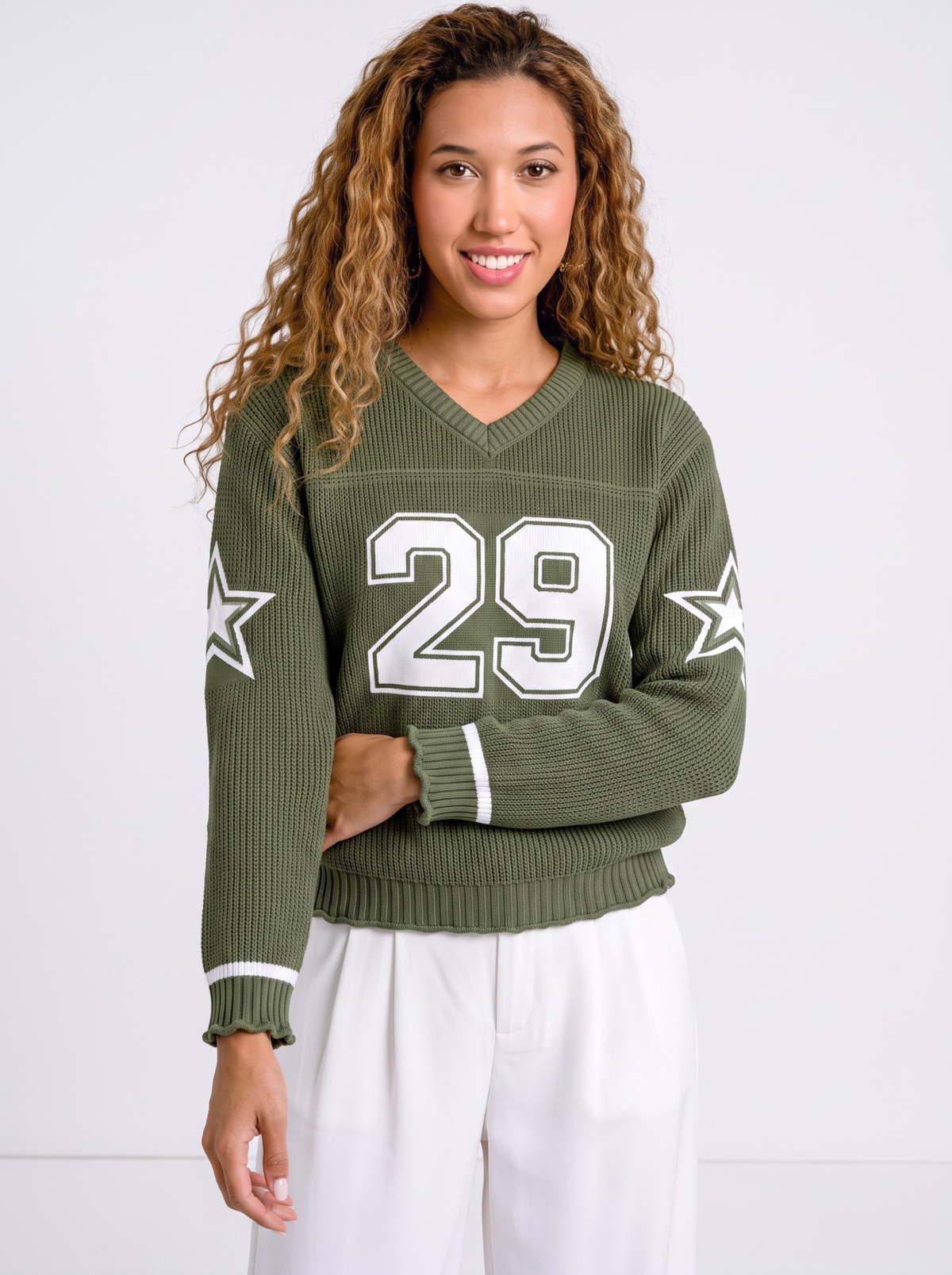 Fieldstar 29 V-Neck Varsity Knit Sweater - Olive by Cord Cult - on-model view
